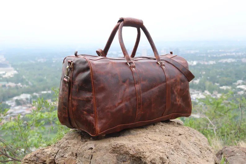 Buffalo Leather Duffle Bag| Genuine leather weekender bag brown| Leather holdall
