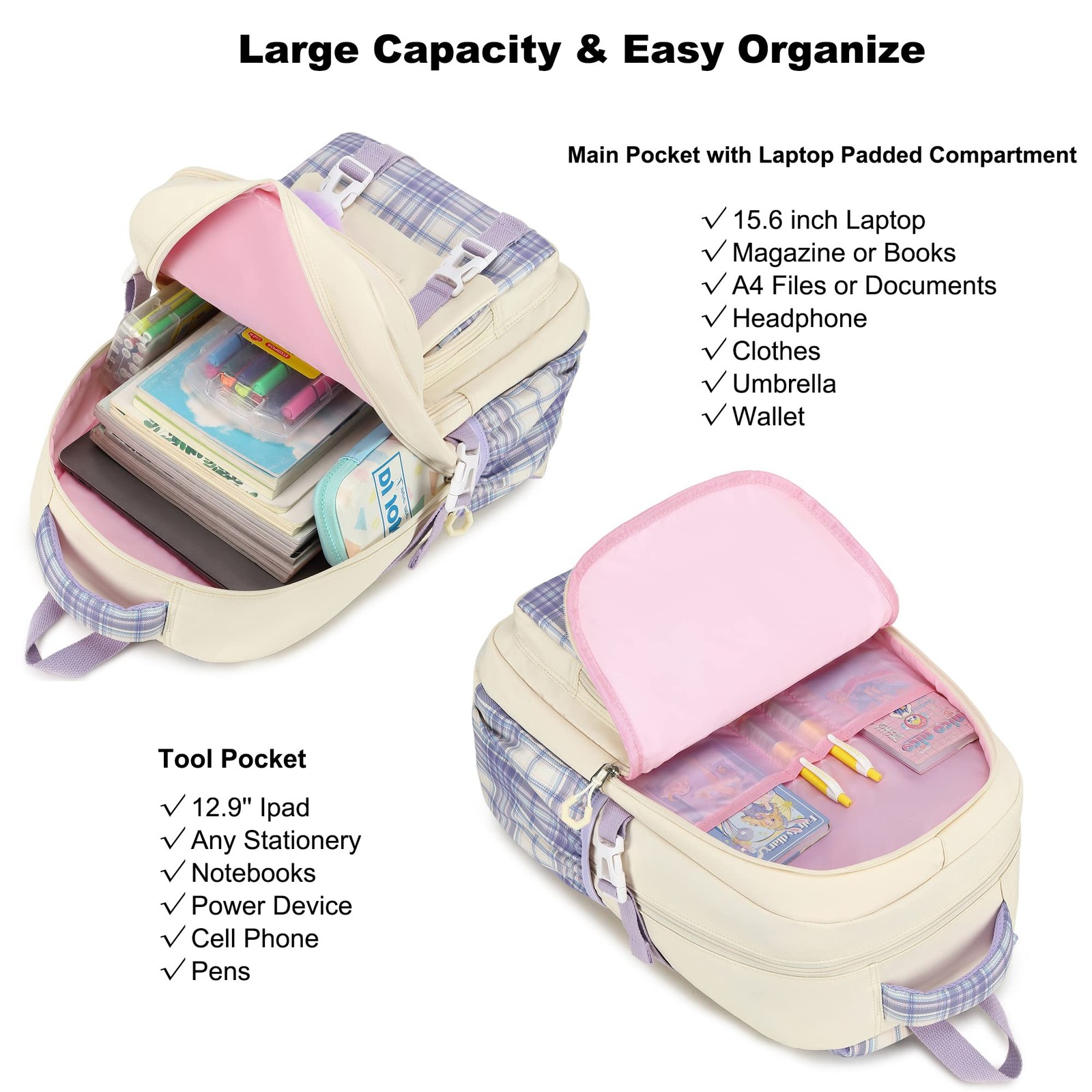 Beige and Purple Elementary Middle School Aesthetic Preppy Backpack For Girls