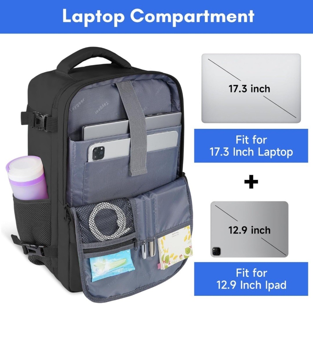 Taygeer 35L Travel Laptop Backpack USB Port Carry On Bag Fits 15.6″ Black NEW