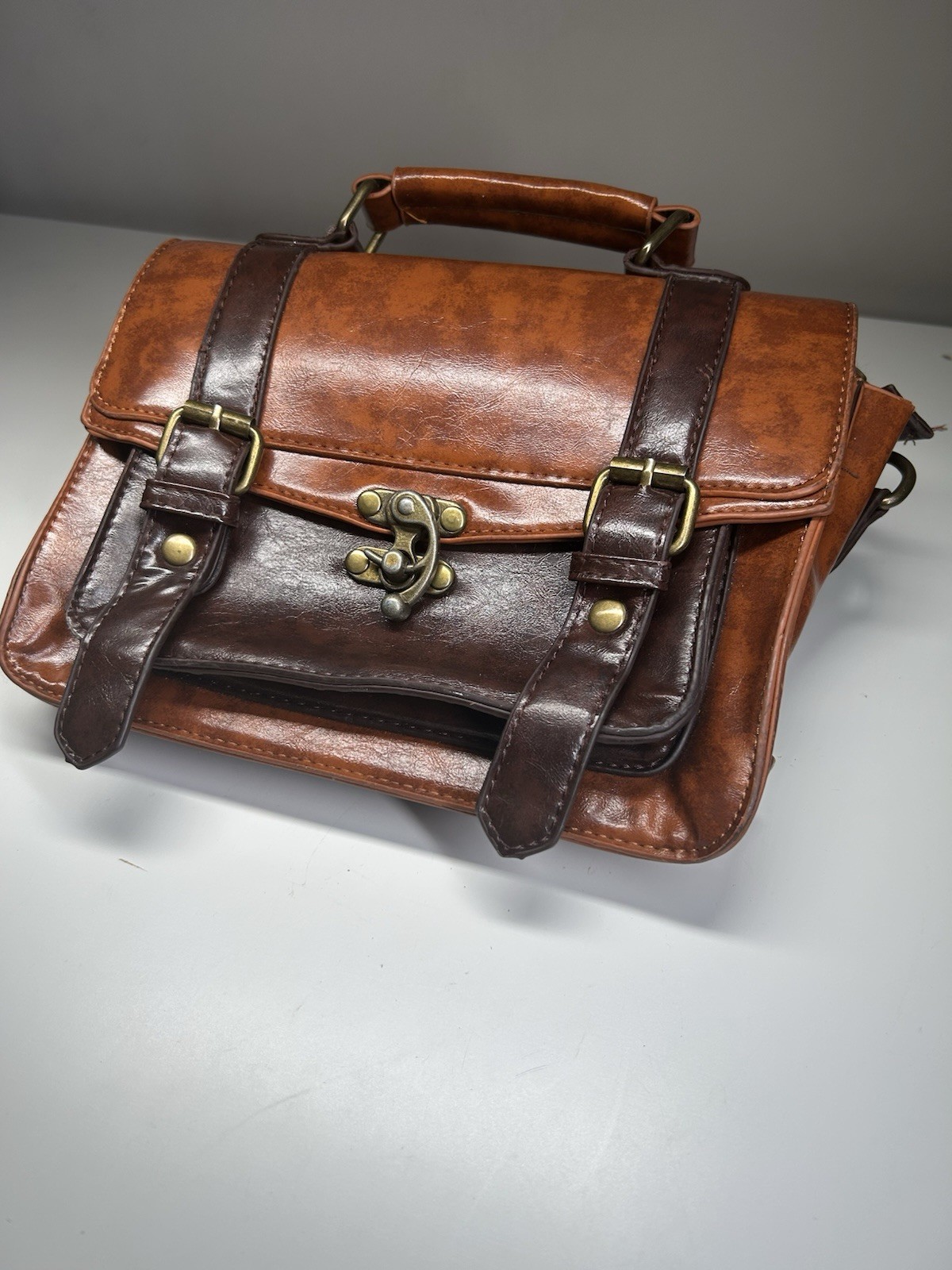 Brown Messenger Bag, Top Handle, Buckle Straps, Push Lock/Zip, Inner Pockets