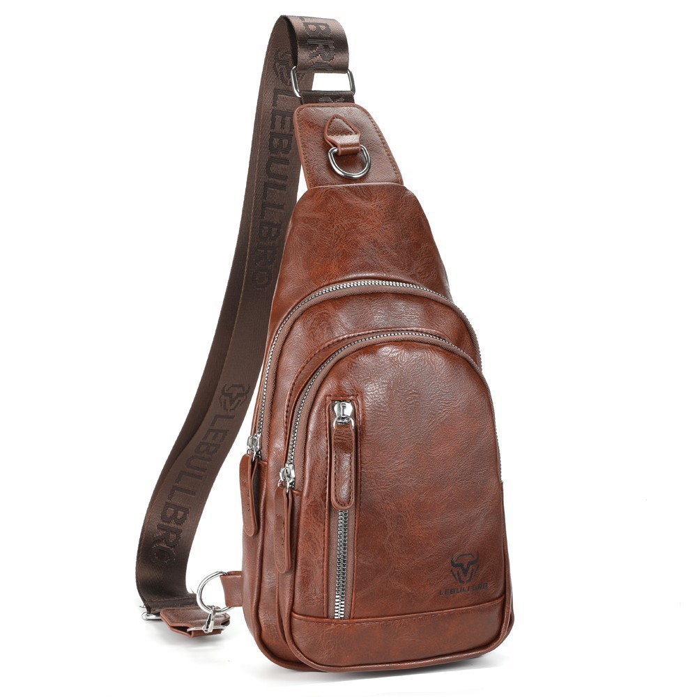 Men’s Leather Sling Bag Crossbody Chest Adjustable Strap Multiple Compartments