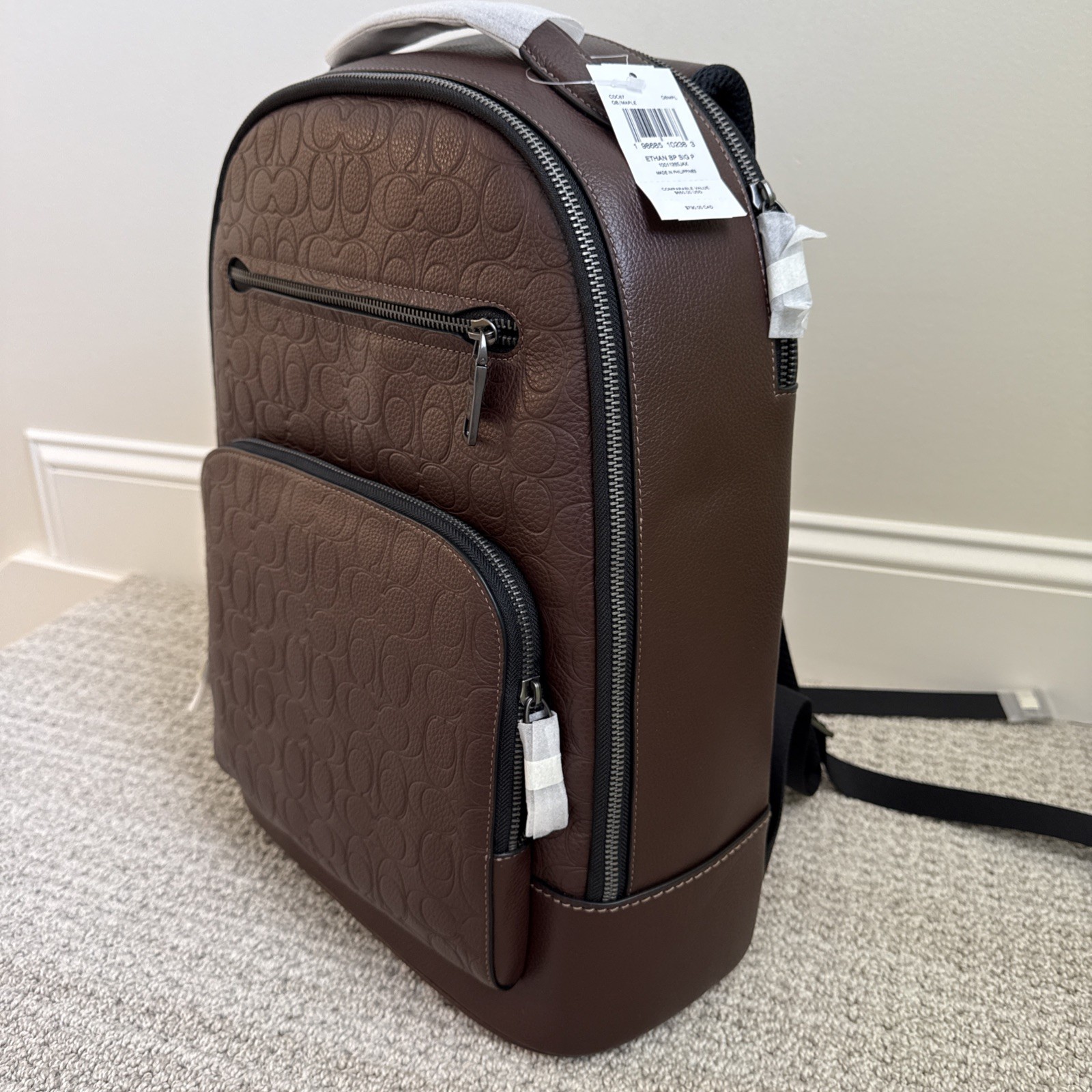 NWT COACH Men’s Ethan Backpack Signature Leather Gunmetal/Maple Brown CDC67