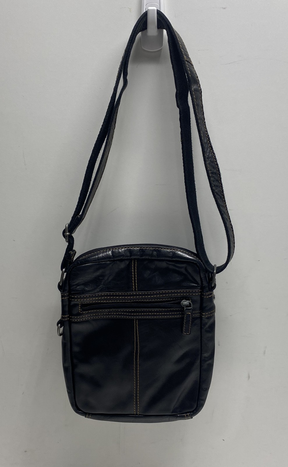 Jack Georges Black Leather North South Crossbody Messenger Bag Tan Stitching