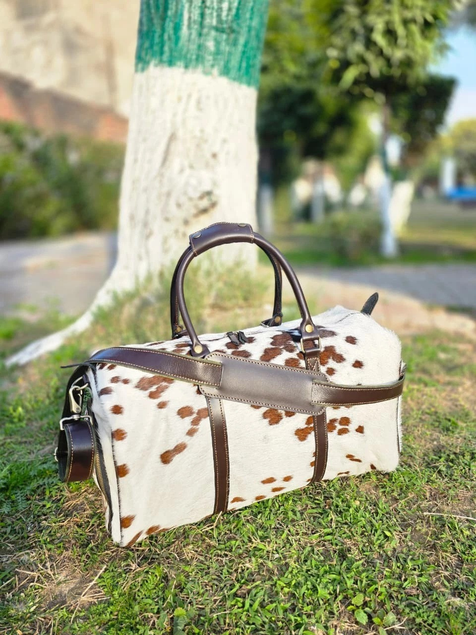 Leather Duffel Bag | Cow hide Hair On Weekender bag Travel leather Bag