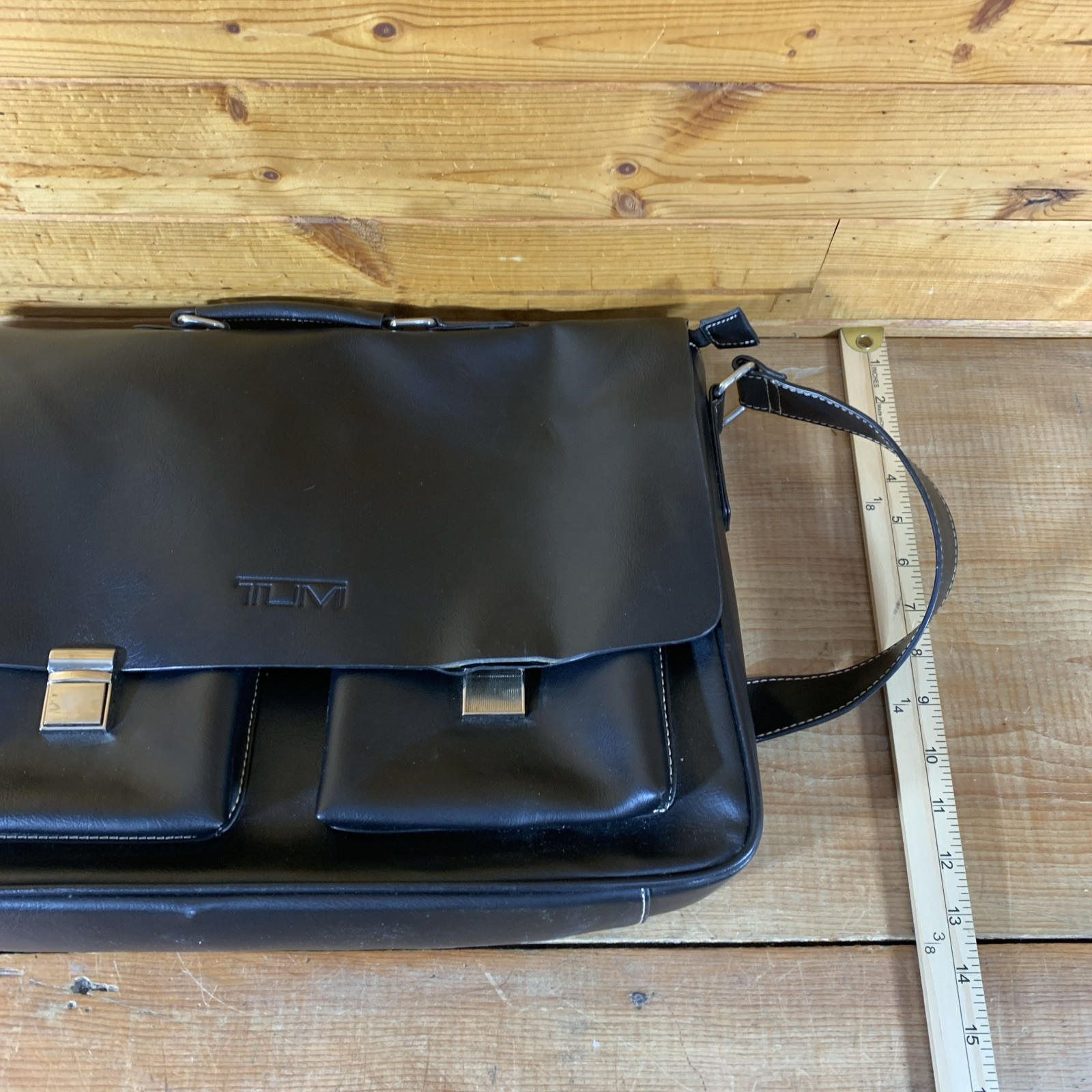 Tumi Messenger Bag, Black Leather Contrast Stitch, Leather Strap, Missing Latch