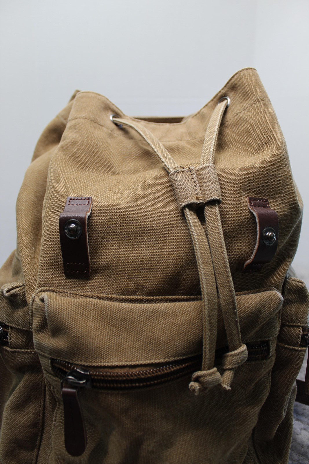 Canvas Leather Backpack Mens Medium Brown Outdoor Hiking Travel Rucksack Pockets