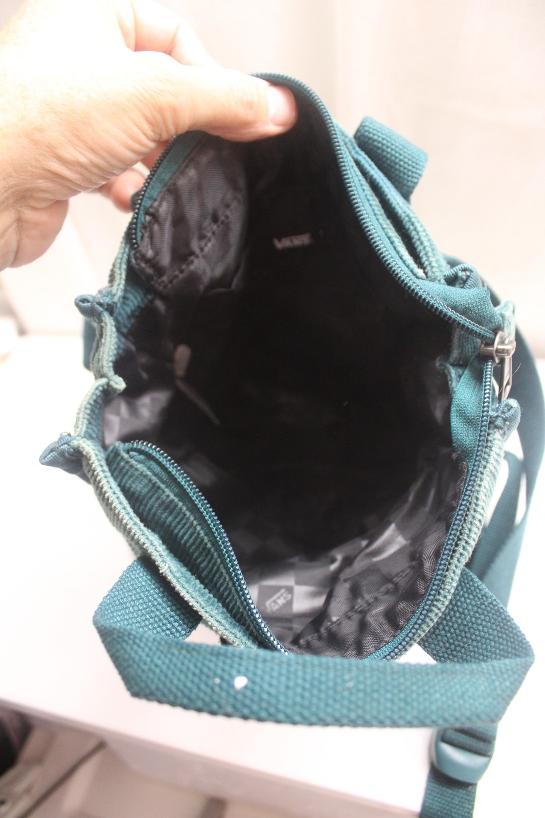 Vans Mini Free Hand backpack in a deep teal corduroy Checkerboard 10X11X3inches