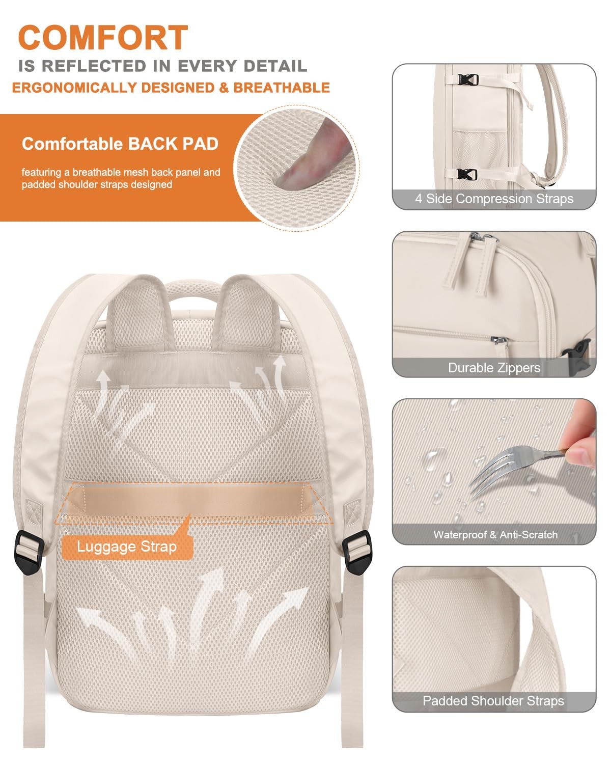Travel Backpack Waterproof 15.6in Laptop Carry On Business Bag Beige