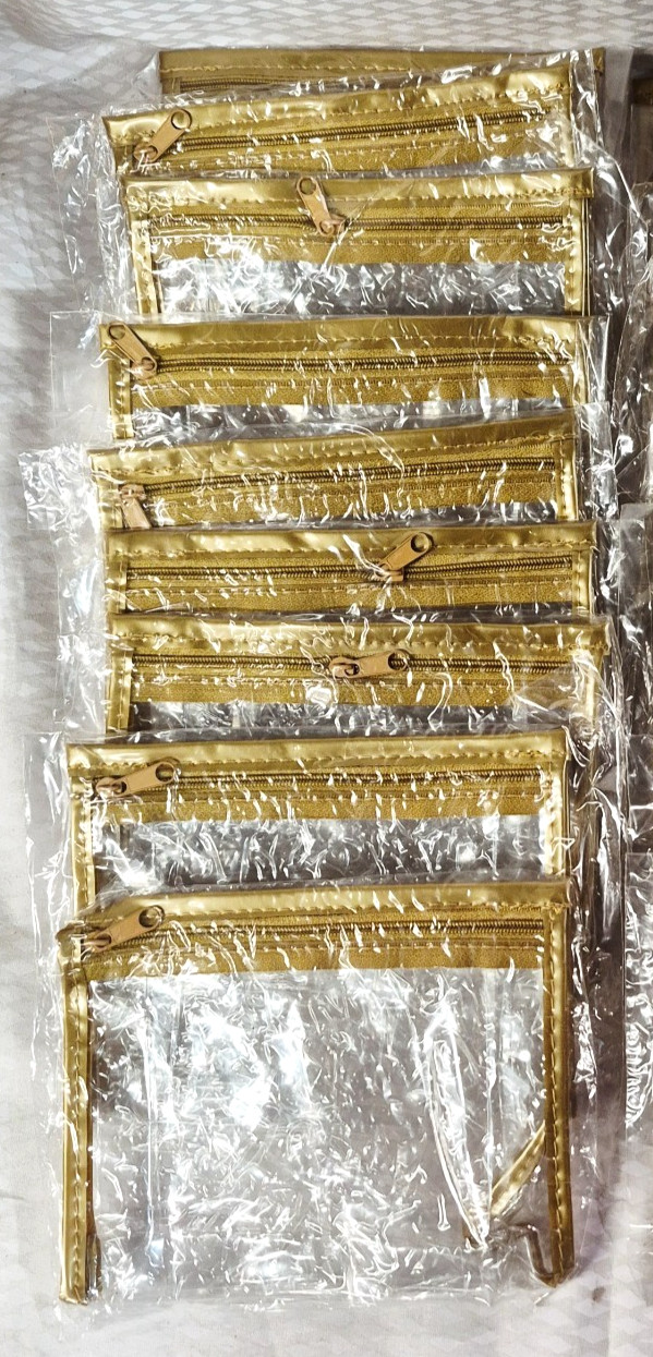 LOT/10 Clear Waterproof Toiletry Cosmetic Travel Bag With Zipper & Gold Trim NEW