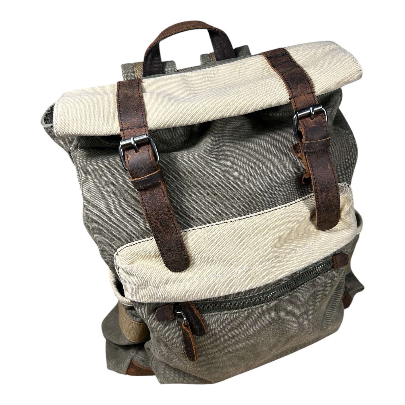 Suvom Canvas Leather Trim Rolltop Backpack Olive Khaki Two-Tone EUC