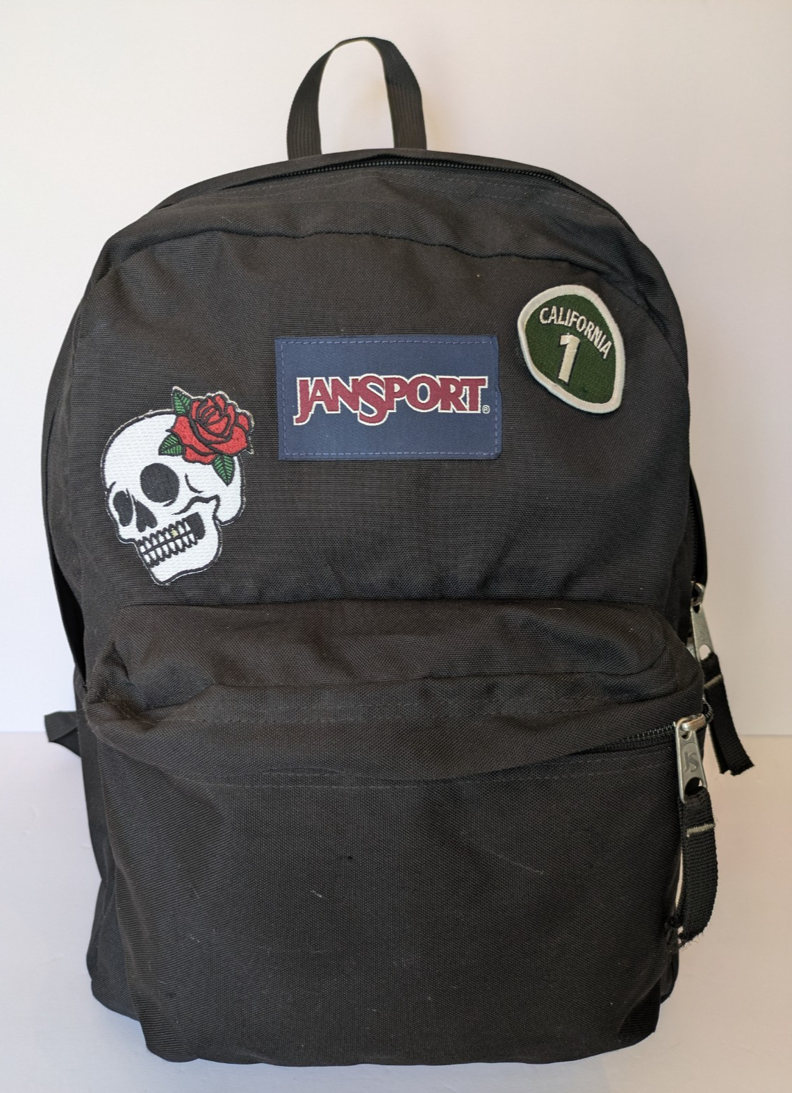Jansport T501 Superbreak Backpack- Black Embroidered Skull w/ Rose Cali Rt 1