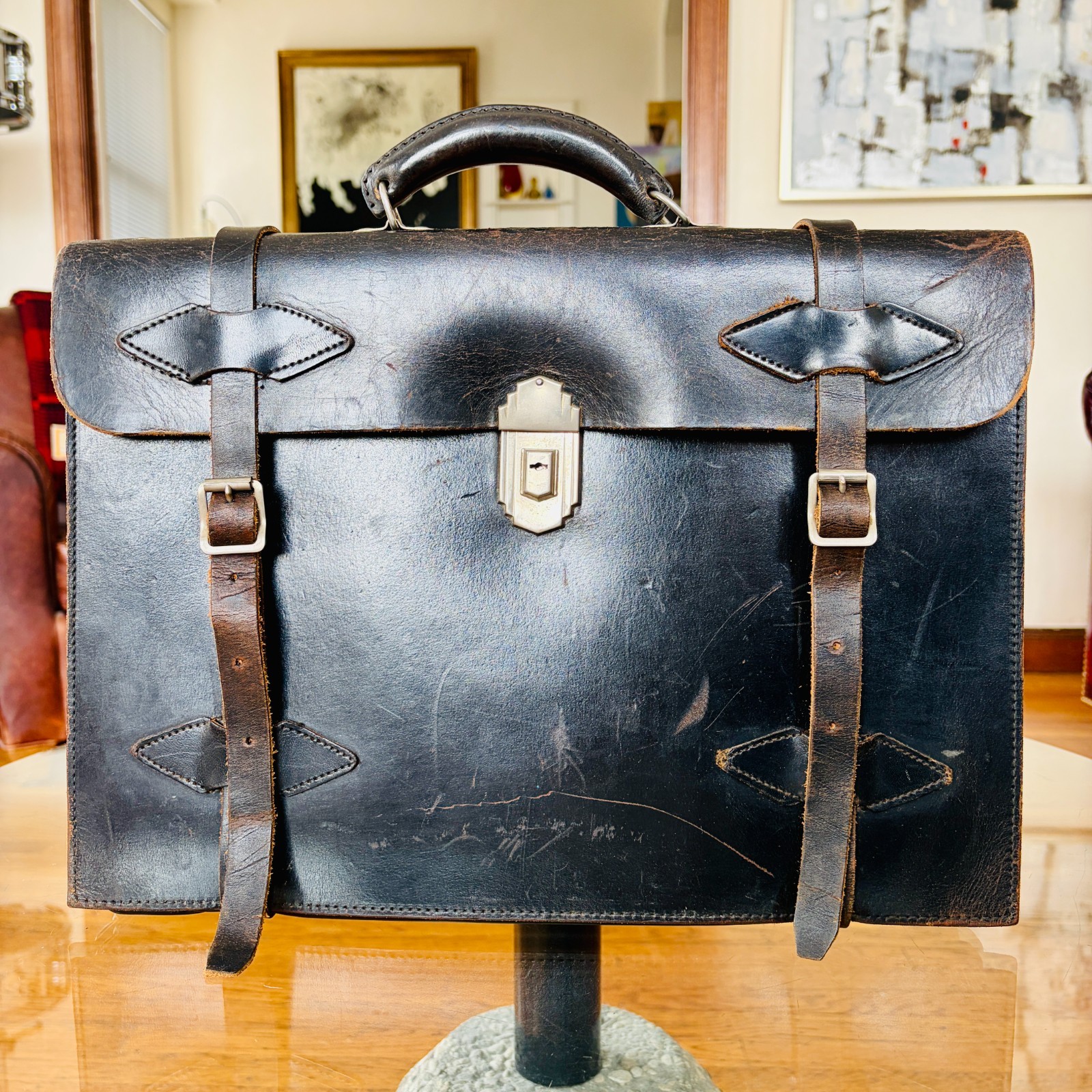 1920s Leather Briefcase Satchel Bag Double Strap Messenger MacBook Pro Blk Vtg