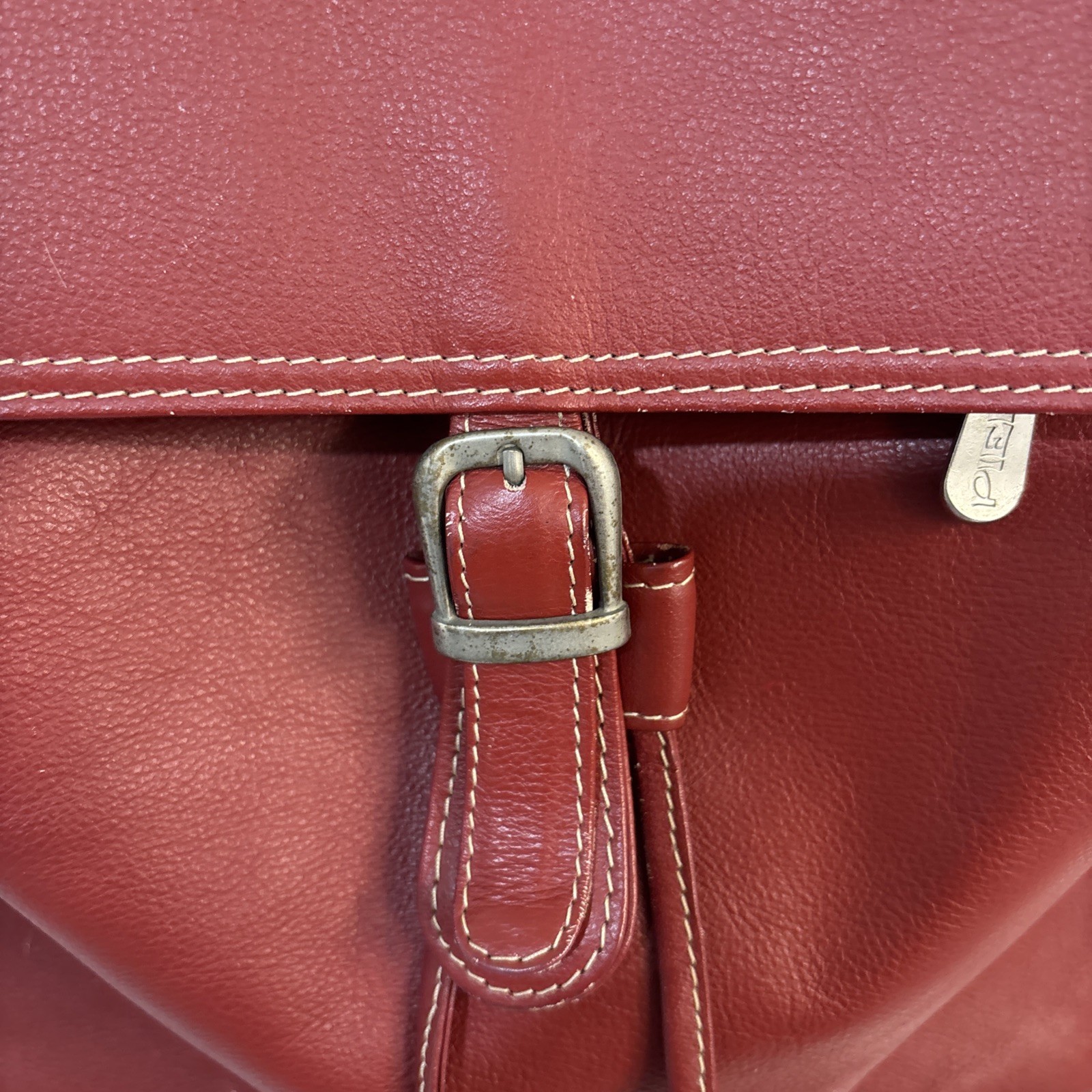 Piel Genuine Leather Red Backpack Purse With Straps Buckle Snap Closure.
