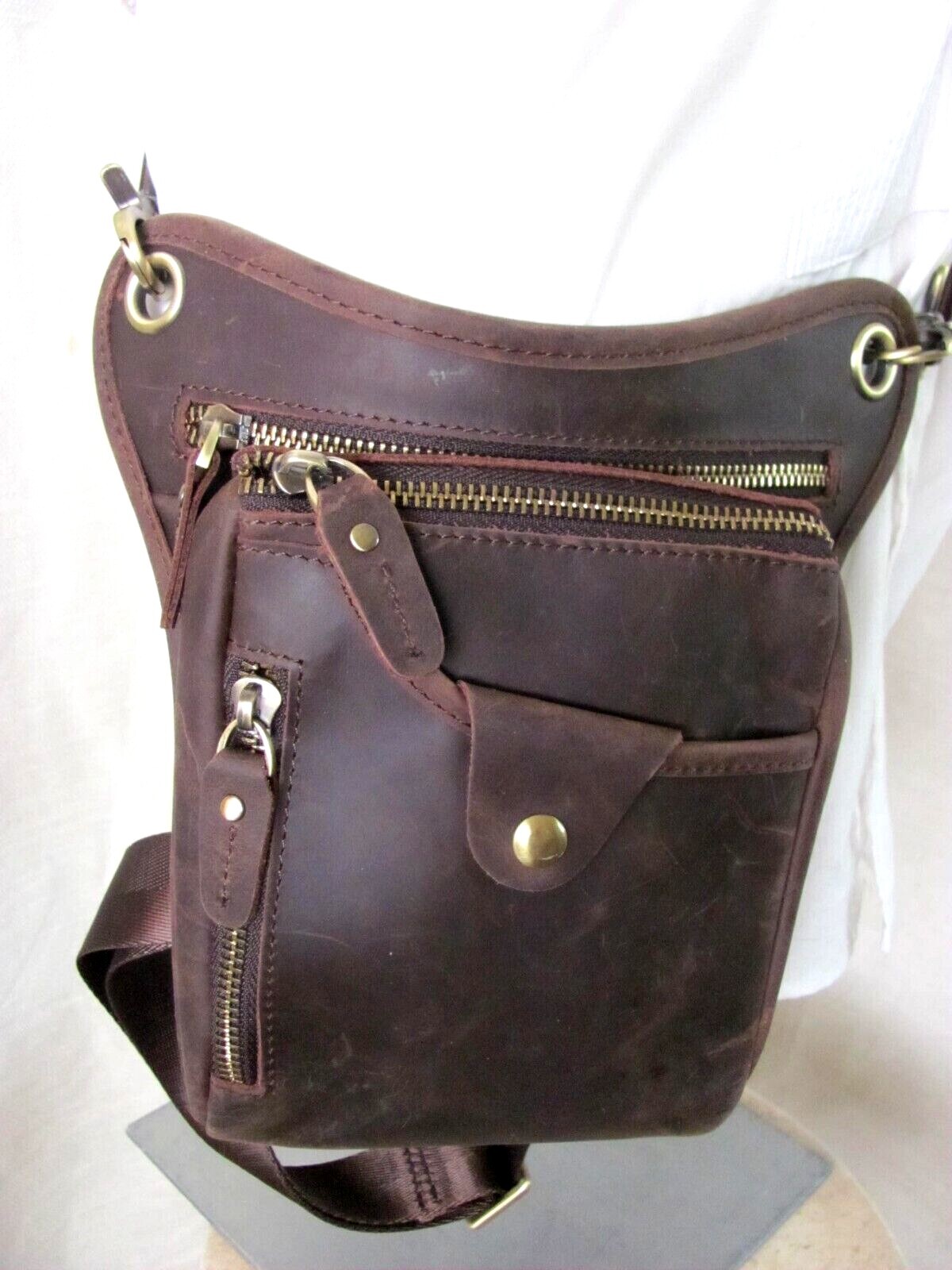 Men’s Steampunk Leg Pouch Brown Leather Brushed Brass Hardware