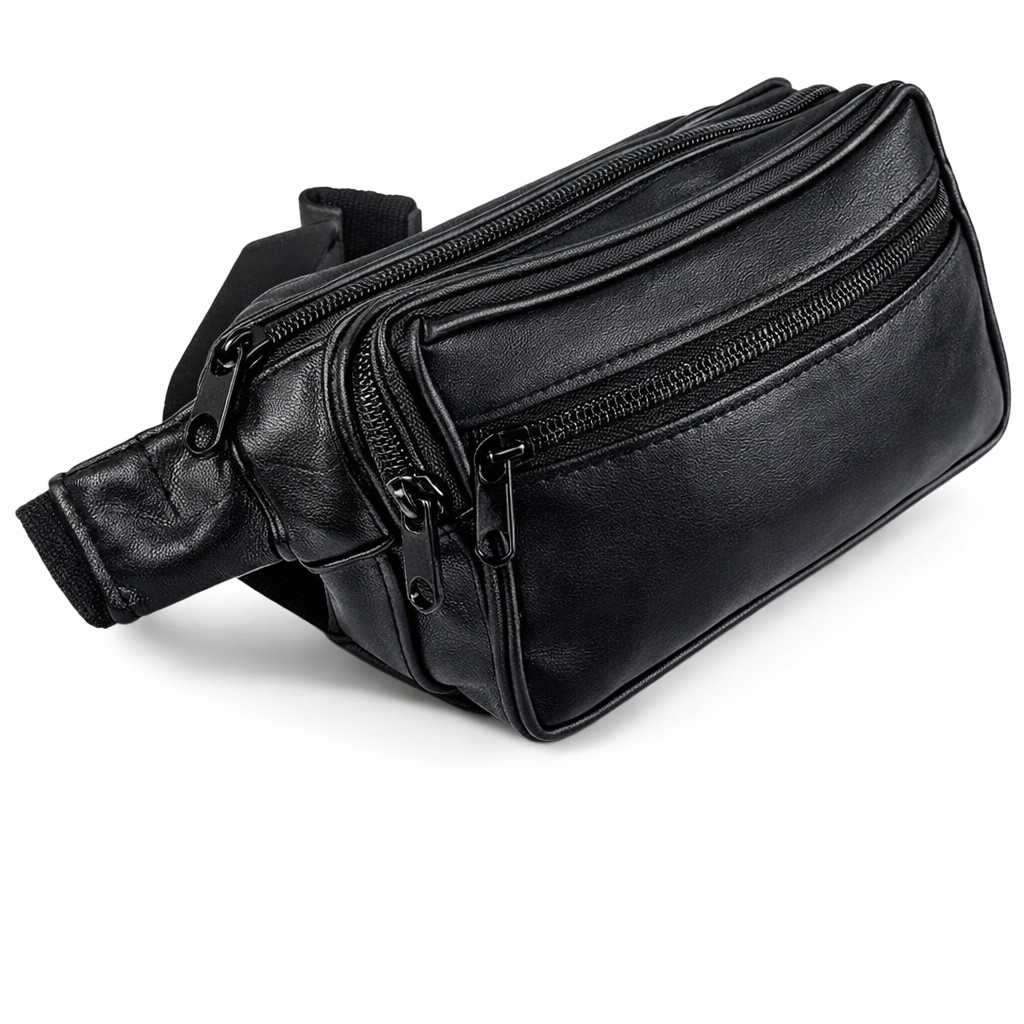 Men’s Genuine Leather Black Fanny Pack Multi Zippered Waist Hip Belt Bag Pouch