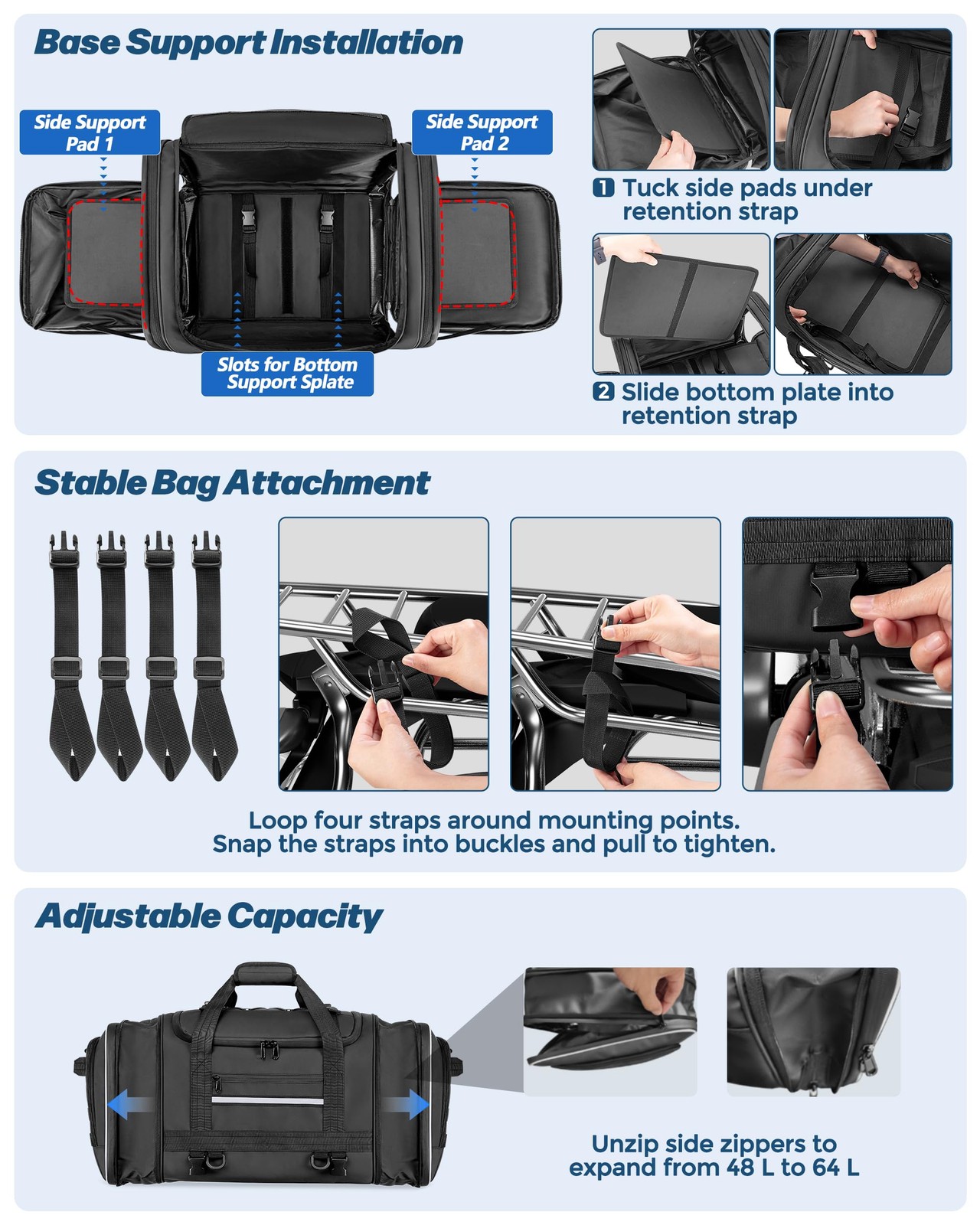 Waterproof Motorcycle Tail Luggage Bag, 48L-64L Expandable, a Rain Cover Incl…