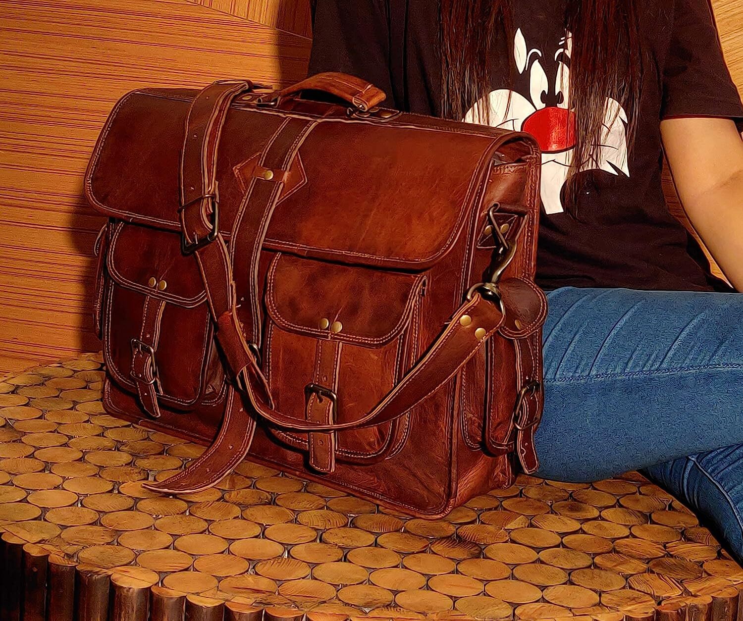 Leather Messenger Bag Laptop Briefcase Computer College Satchel Bag for Men and