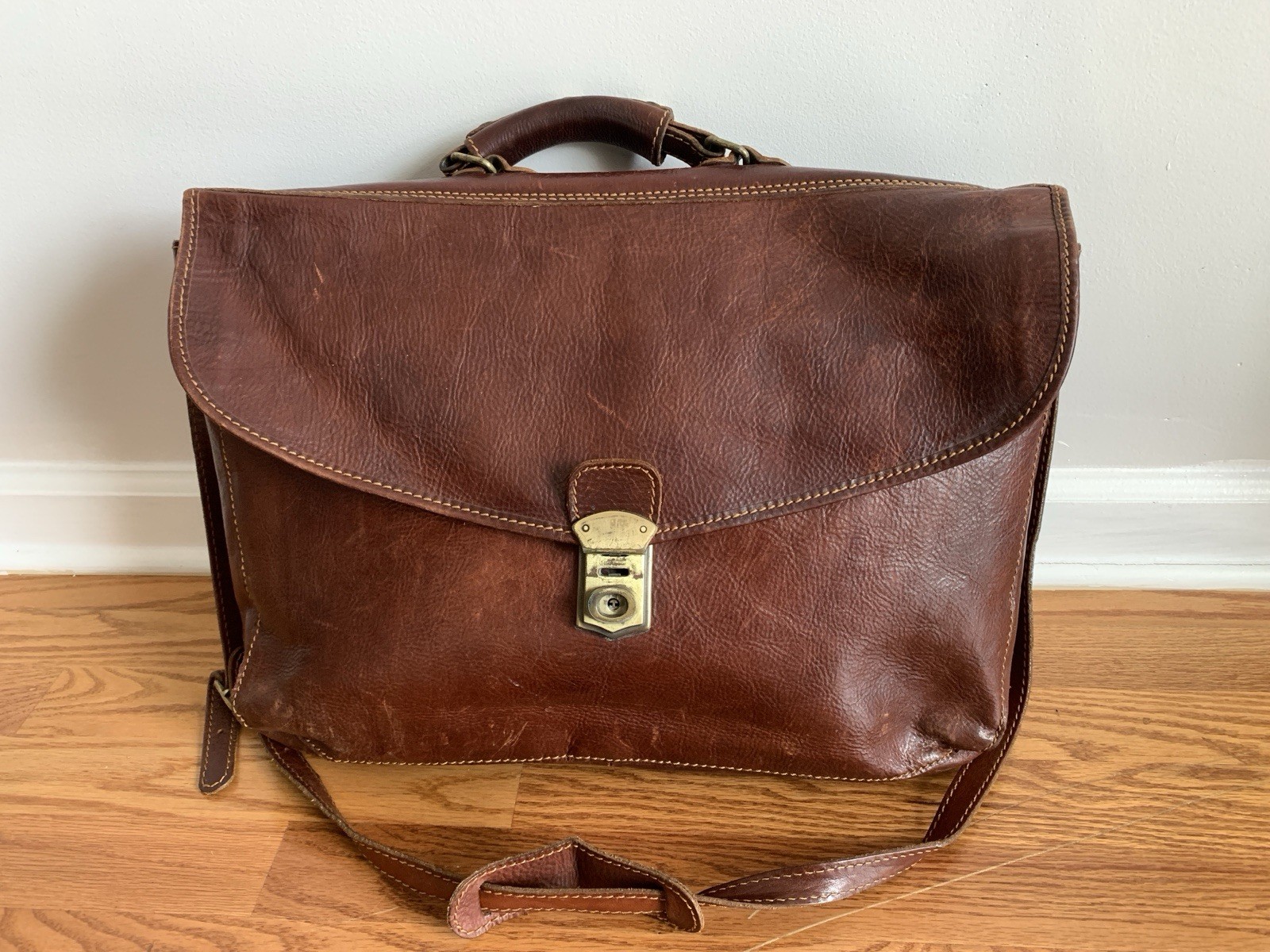Vintage Floto Leather Briefcase Brown Made In Italy With Shoulder Strap Men