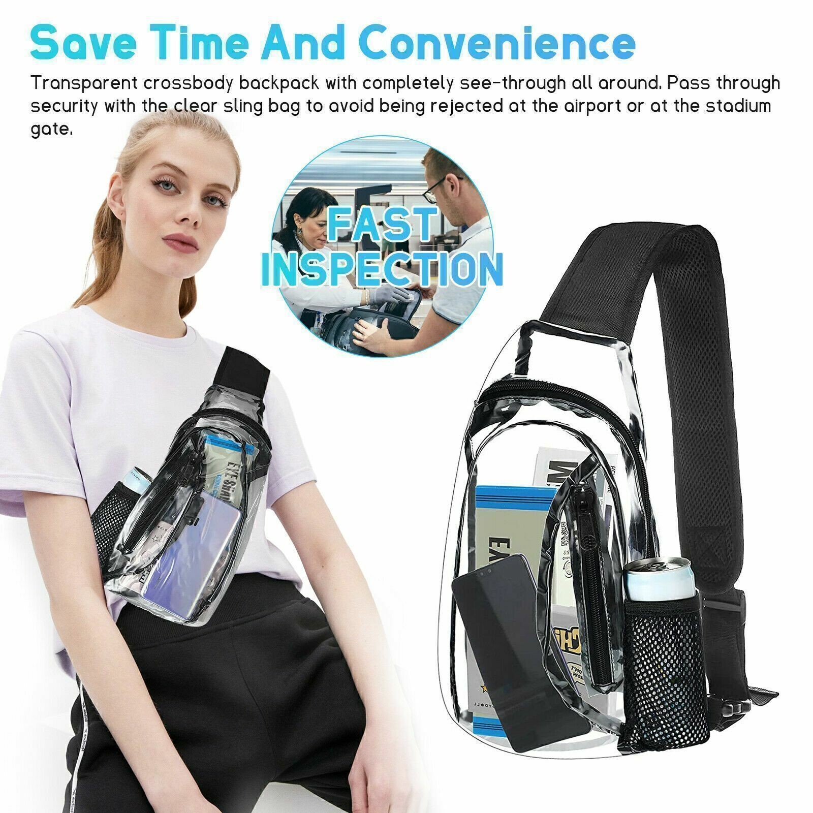 Clear PVC Tote Pack Shoulder Chest Bag Crossbody Handbag Waist Zip Purse Stadium