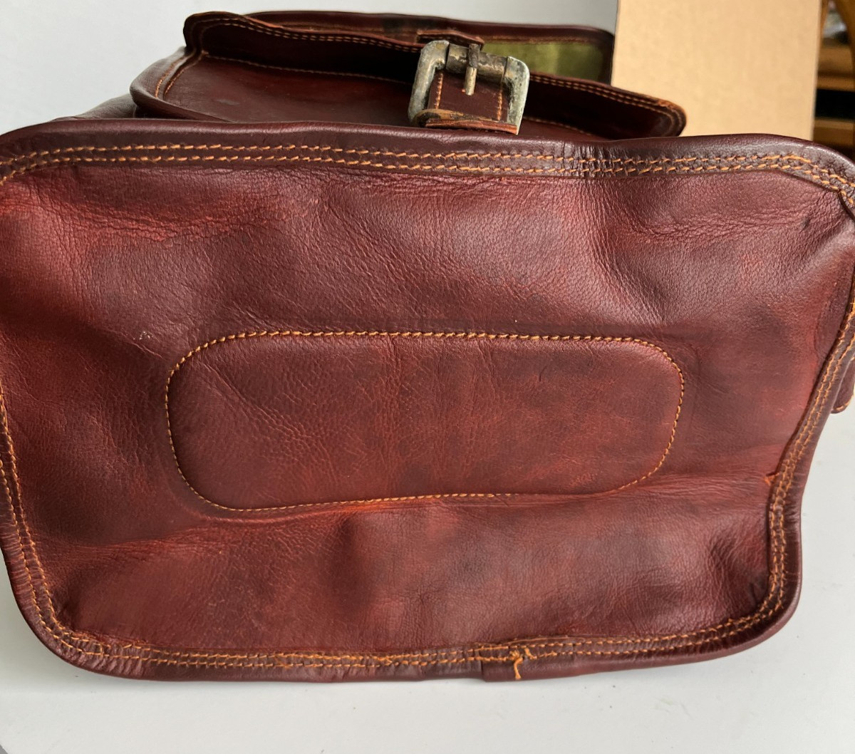 Brown Leather Rucksack Backpack with Drawstring, Flap & Buckle Closure (India)