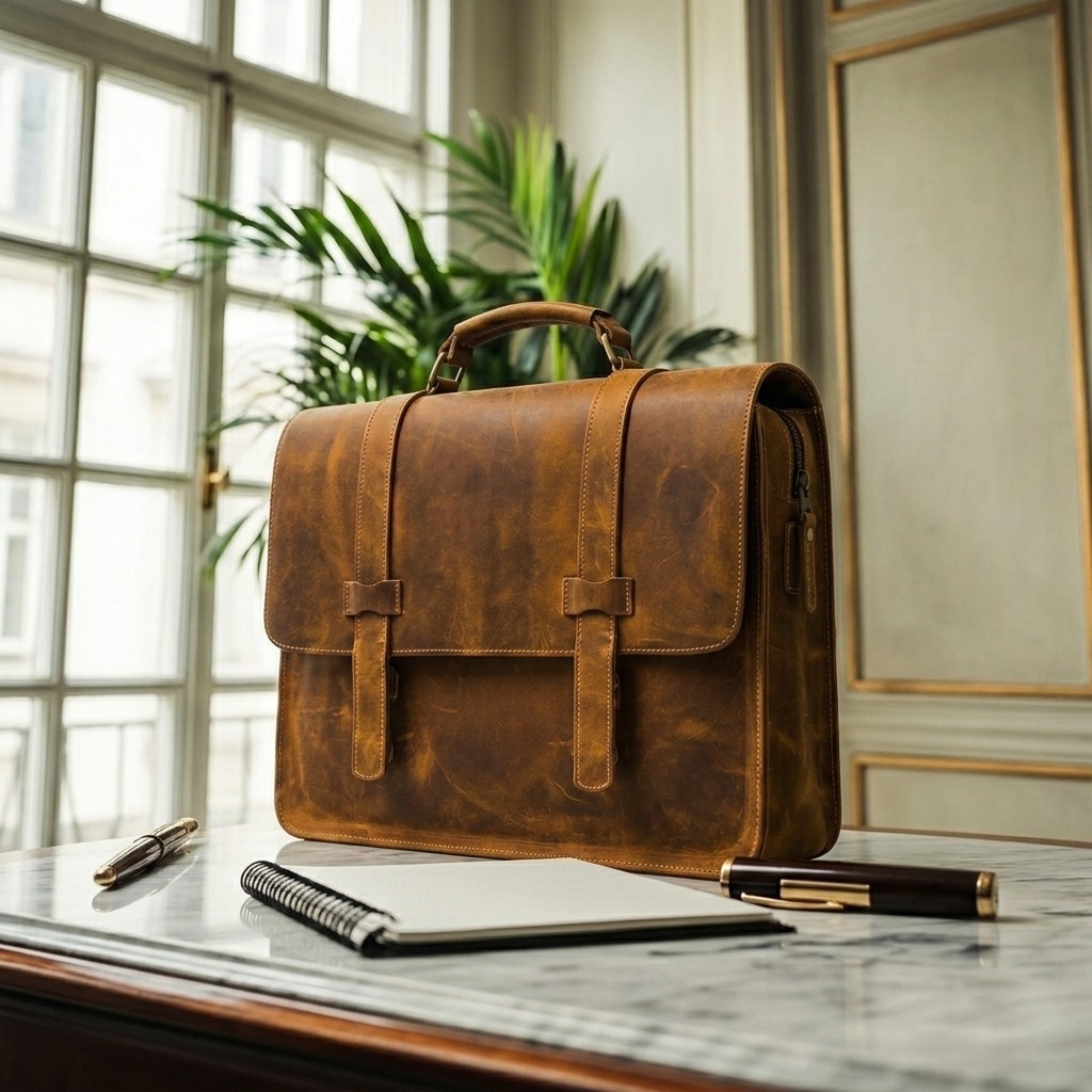 Tan Leather Briefcase Double Strap Loop Flap Single Handle Laptop Work Bag