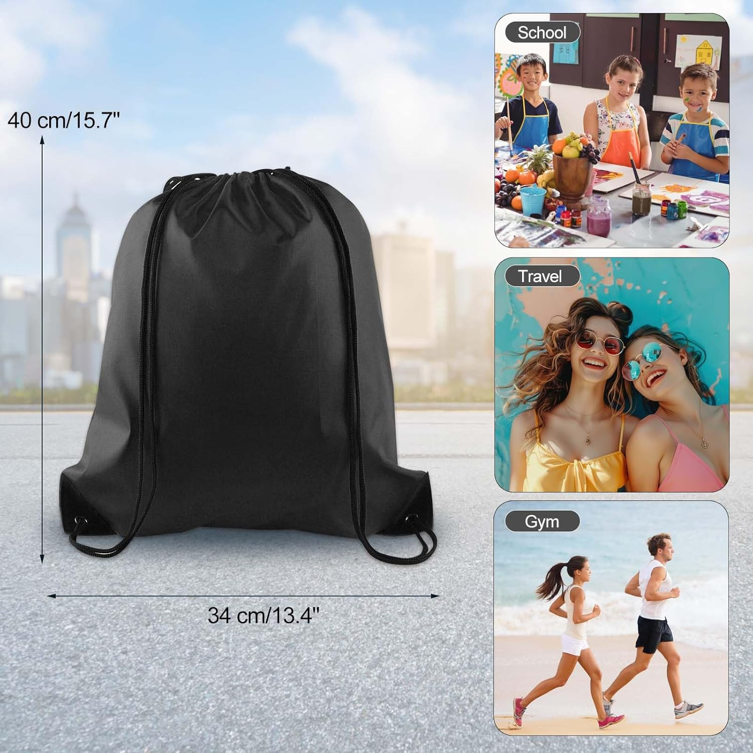 40Pc Black Drawstring Backpacks – Gym, School, Travel – 40Cm*34Cm/15.7’X13.4′ –
