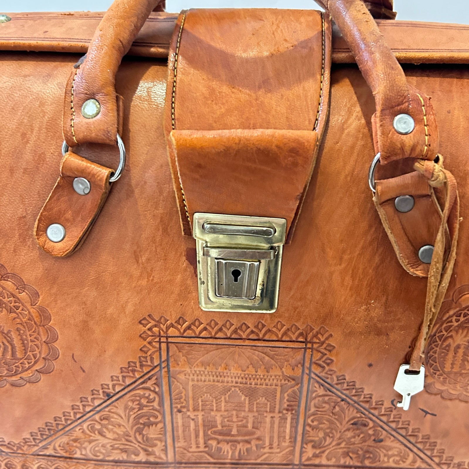 Vtg Egyptian Tooled Leather Suitcase Overnight Satchel Bag Handmade OOAK