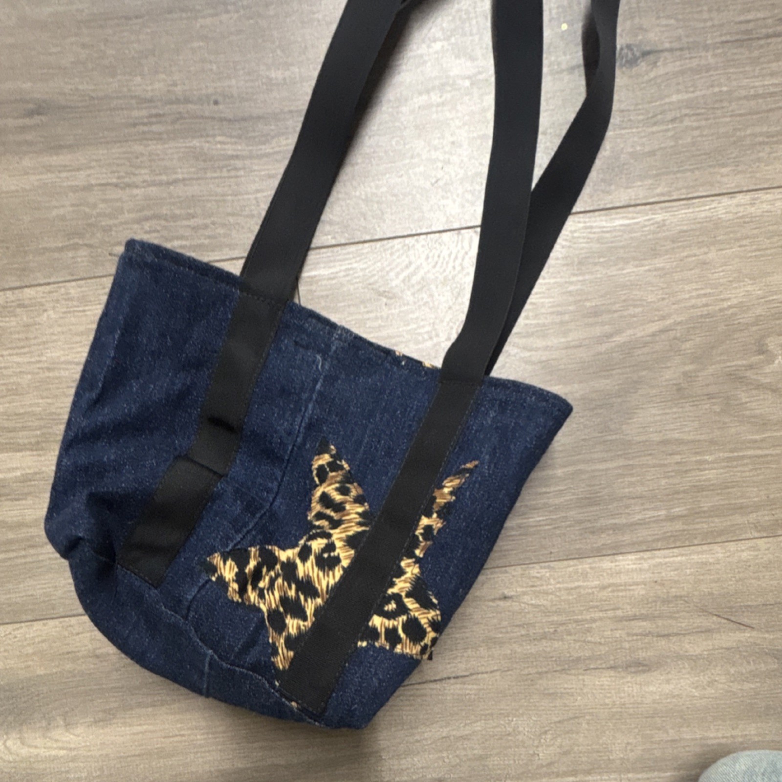 Denim mini Tote Bag Animal Print Lining Shoulder Strap Blue Black Brown