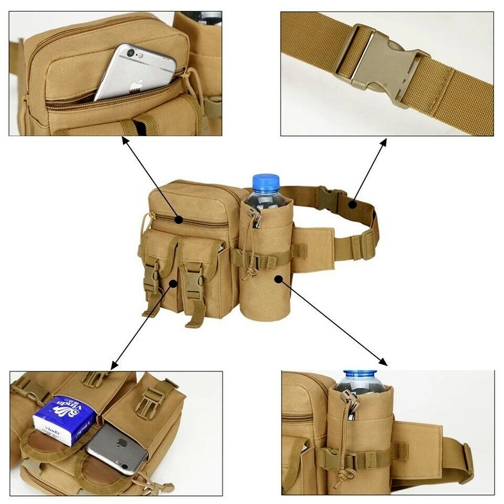 Tactical Waist Pack Pouch With Water Bottle Pocket Holder Waterproof Fanny Bag