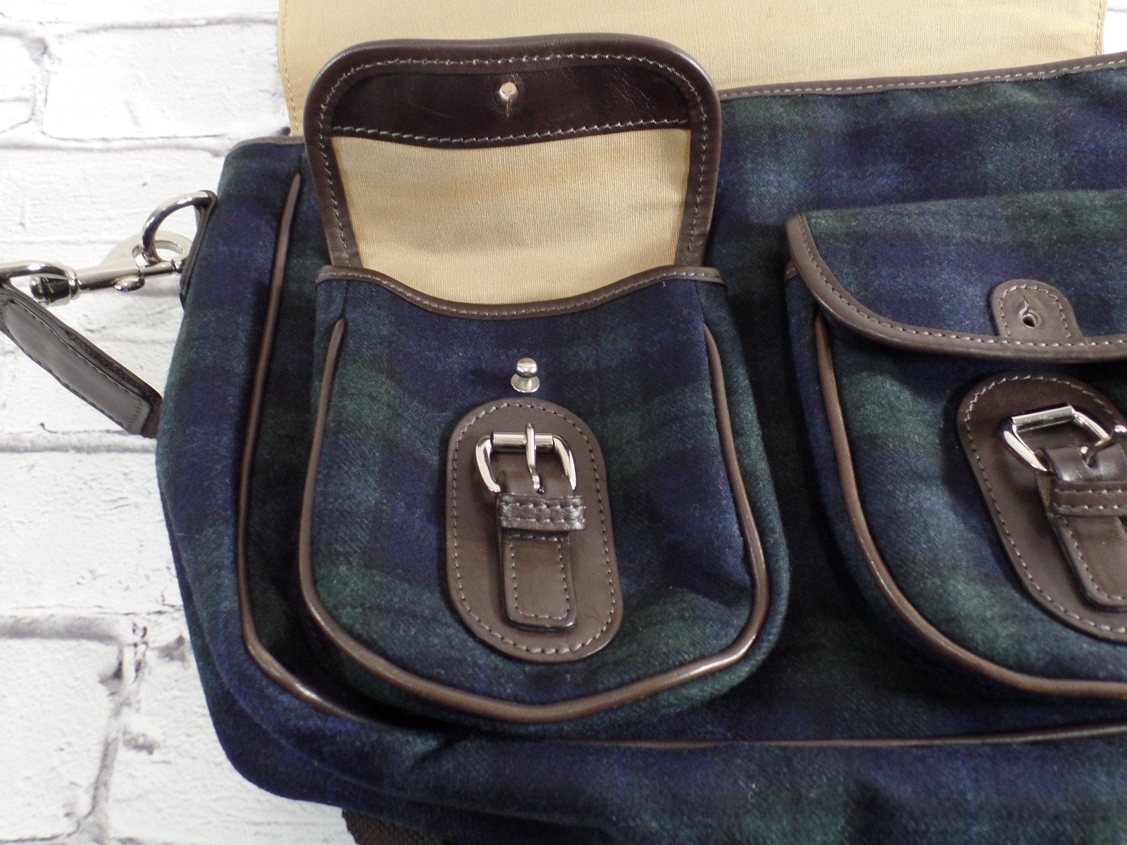 Men’s Peter Millar Briefcase Messenger Bag Tartan Wool Leather
