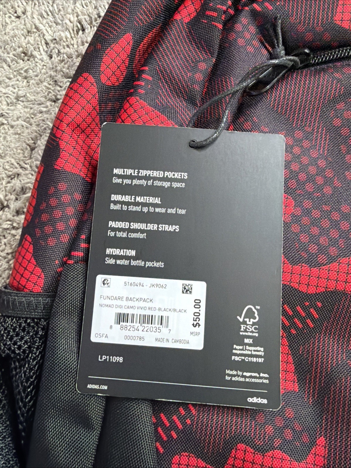 NEW Adidas Fundare Backpack Red Black Camo Multi Pocket Laptop School Travel Bag