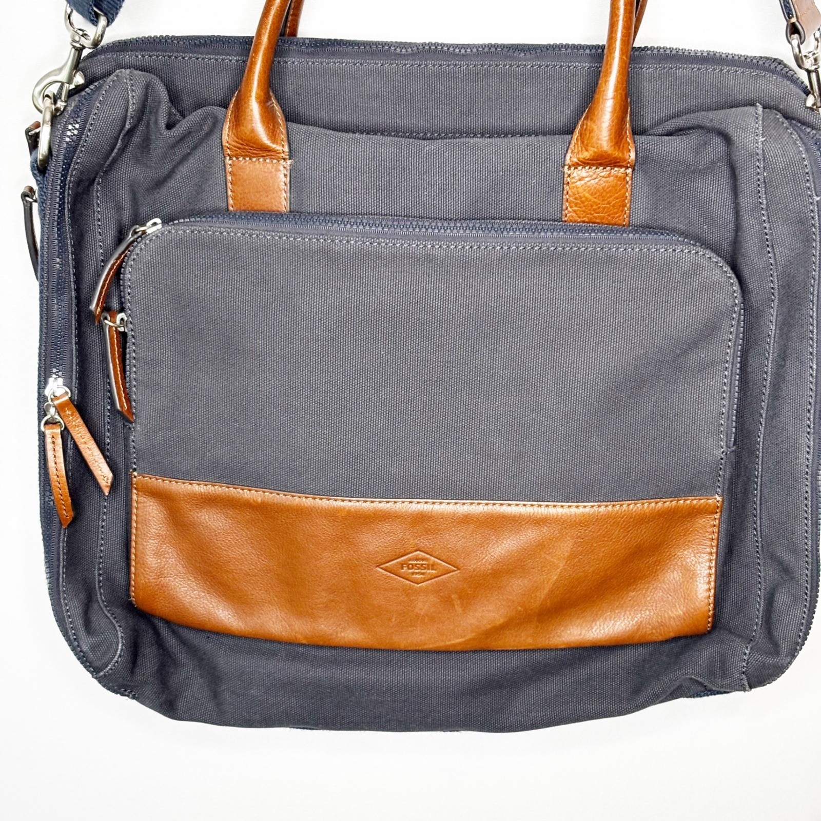 Fossil Estate Canvas Leather Messenger Computer Travel Bag Briefcase Gray Canvas