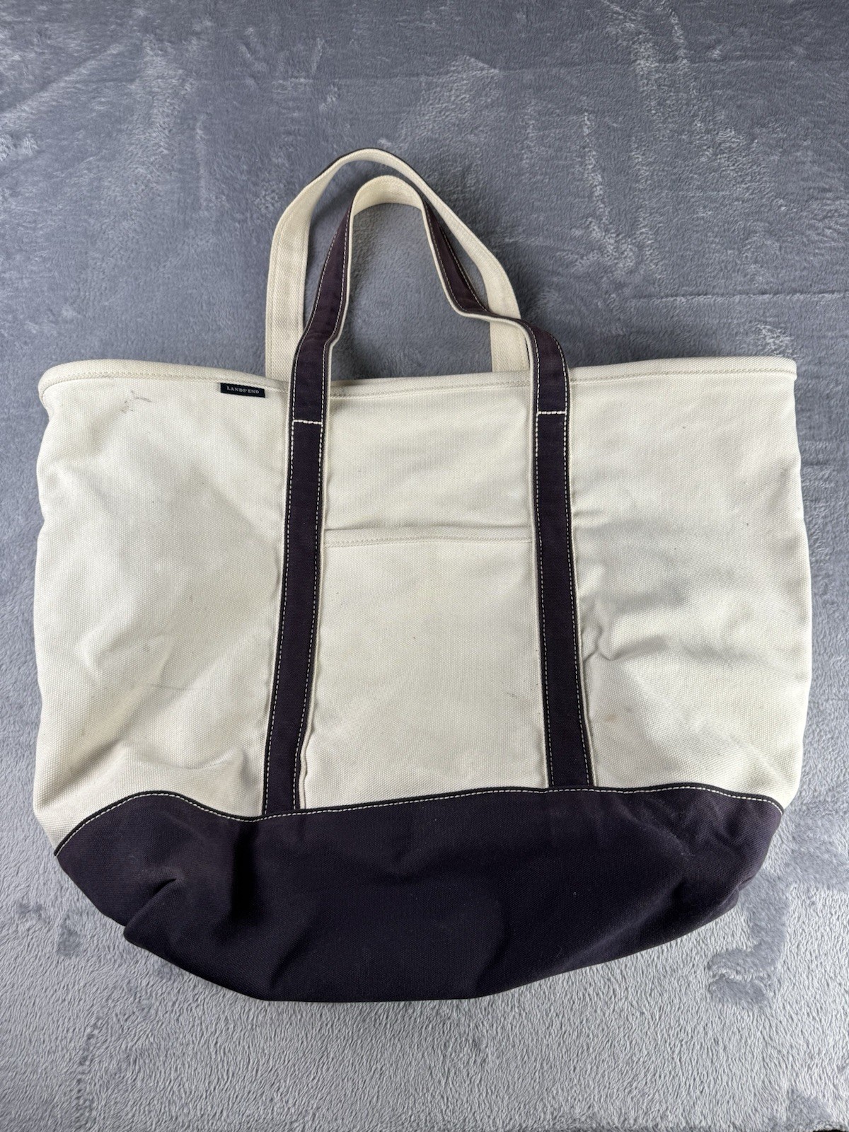 Vtg Extra Large Heavy Duty Canvas Lands End BOAT AND TOTE 100% Cotton Cream/Blue