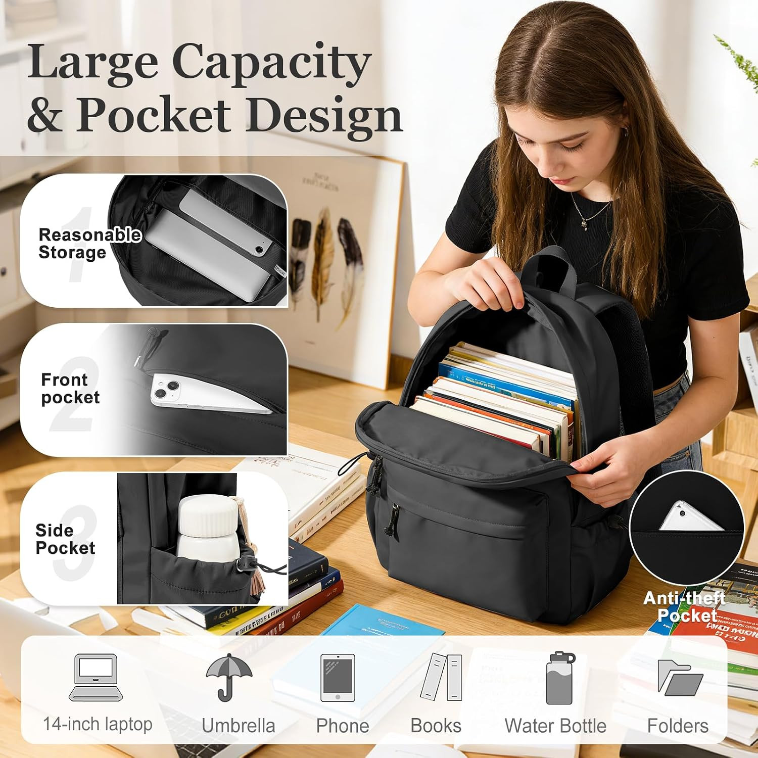 Black Middle School Backpack for Men Women Simple Backpack for College Students