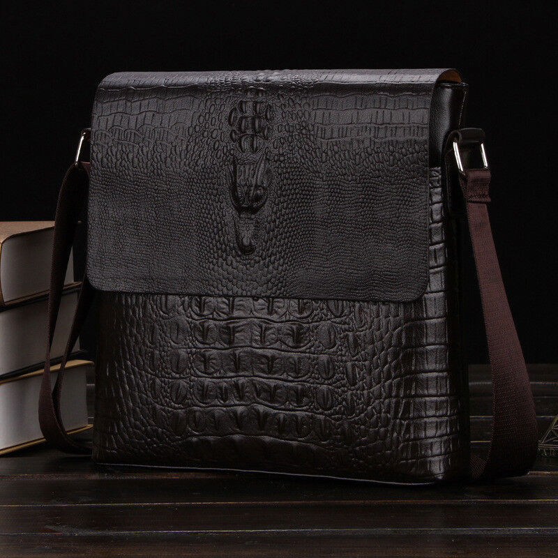 Men’s Sling Shoulder Bag Leather Black Crocodile Crossbody Bag 10″ Messenger Bag
