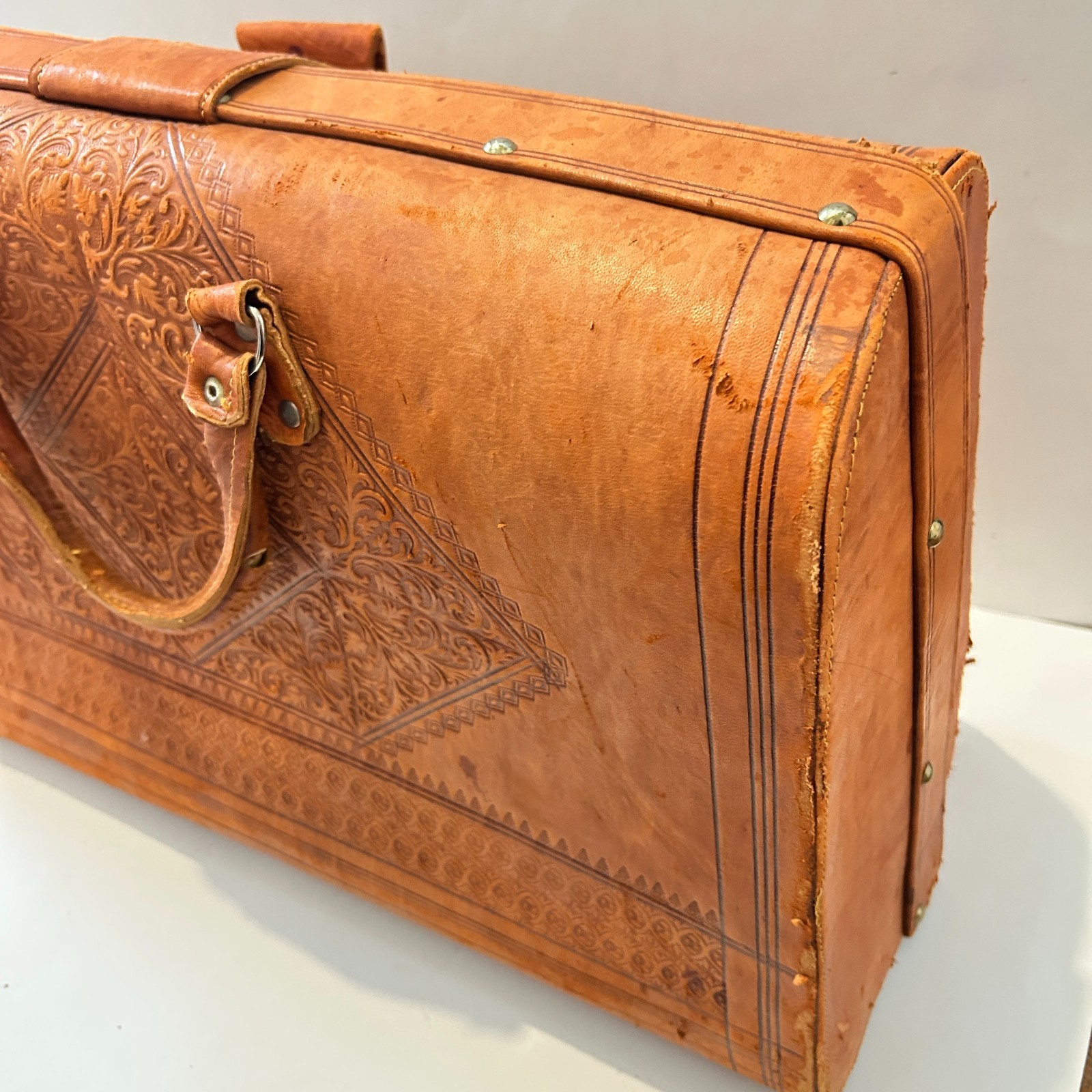 Vtg Egyptian Tooled Leather Suitcase Overnight Satchel Bag Handmade OOAK