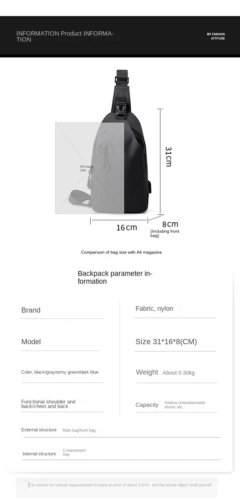 Men’s Single Shoulder Crossbody Bag, Sports Shoulder Bag, Leisure Backpack