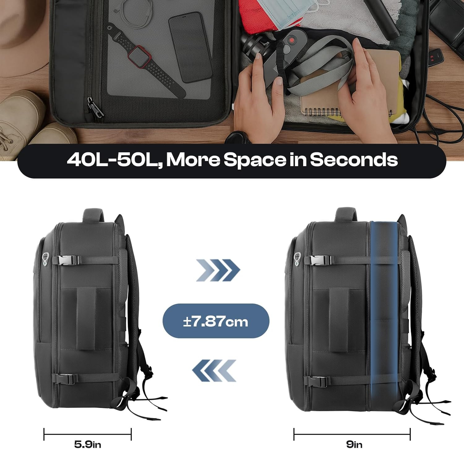 Carry On Backpack 40L-50L TSA Approved Travel Laptop Bag 17.3 Inch Black