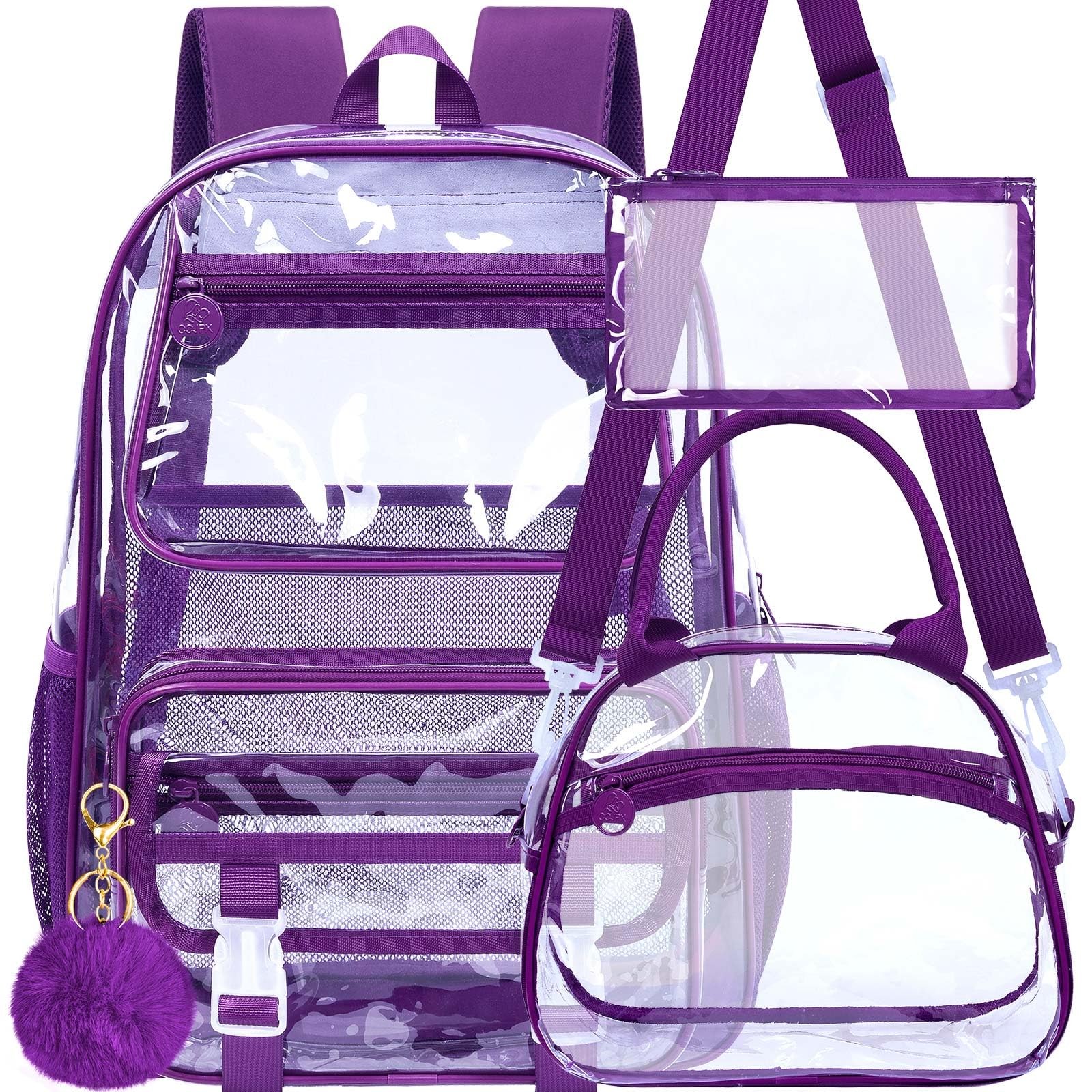 3PCS Clear Backpack Heavy Duty, See Through School Bag for Women, Deep Purple…