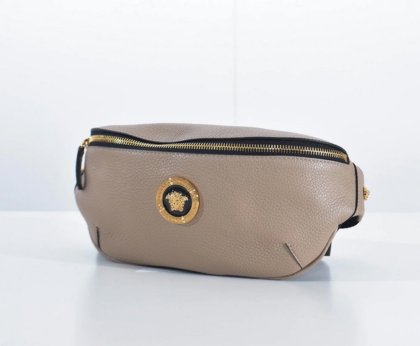 (NO CUSTOMS TAX) VERSACE La Medusa dark beige grainy leather belt bag authentic
