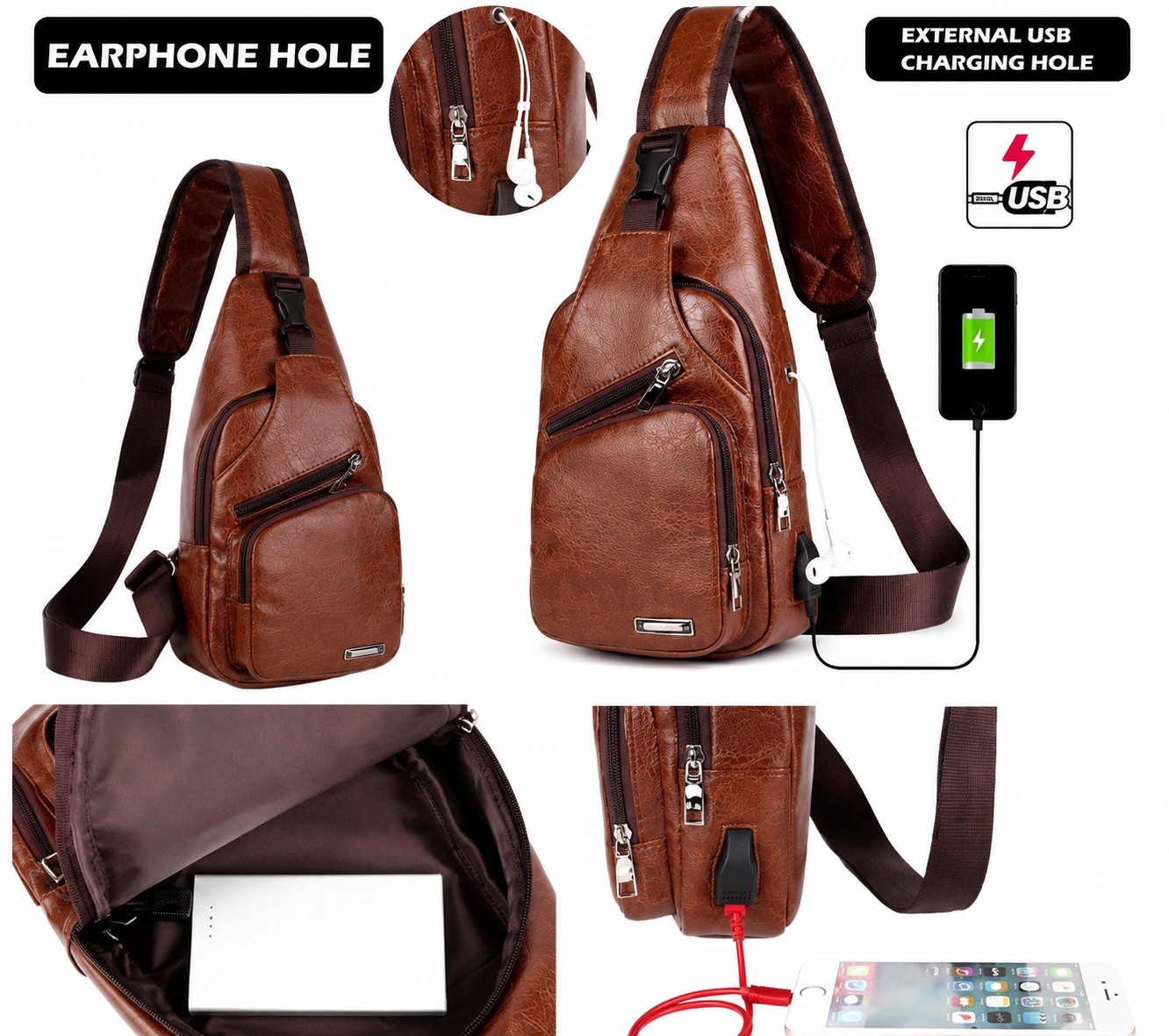 Chest Crossbody Bag Sling Backpack for Men with USB Charge Port Hole