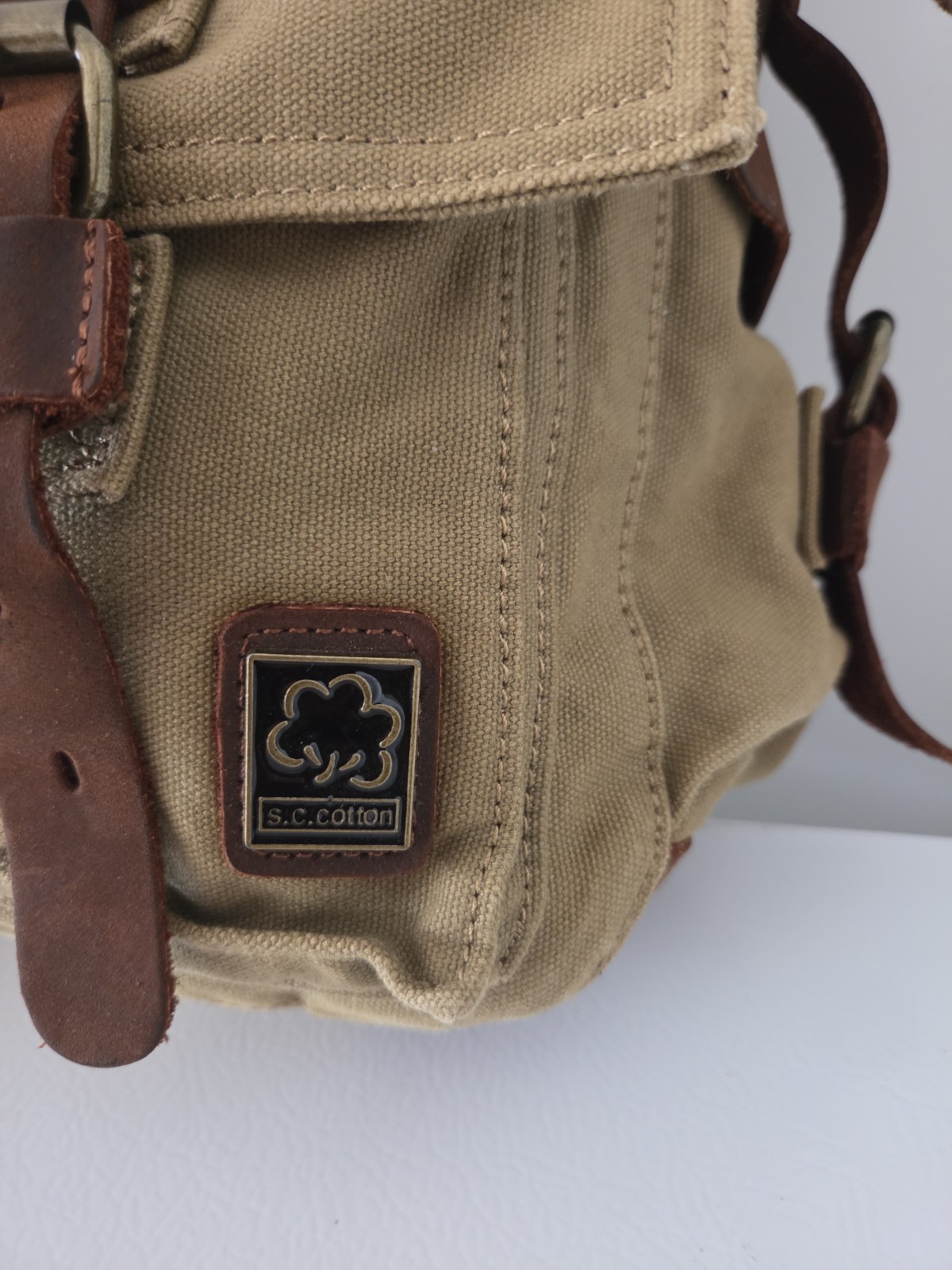 S.C. Cotton Canvas Messenger Laptop Bag Khaki Leather Trim Crossbody Satchel 17″