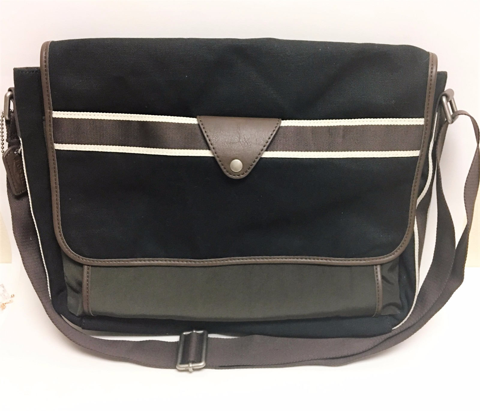 FOSSIL LANE MESSENGER BLACK CANVAS+OLIVE GREEN NYLON,BROWN,LAPTOP BAG CROSSBODY