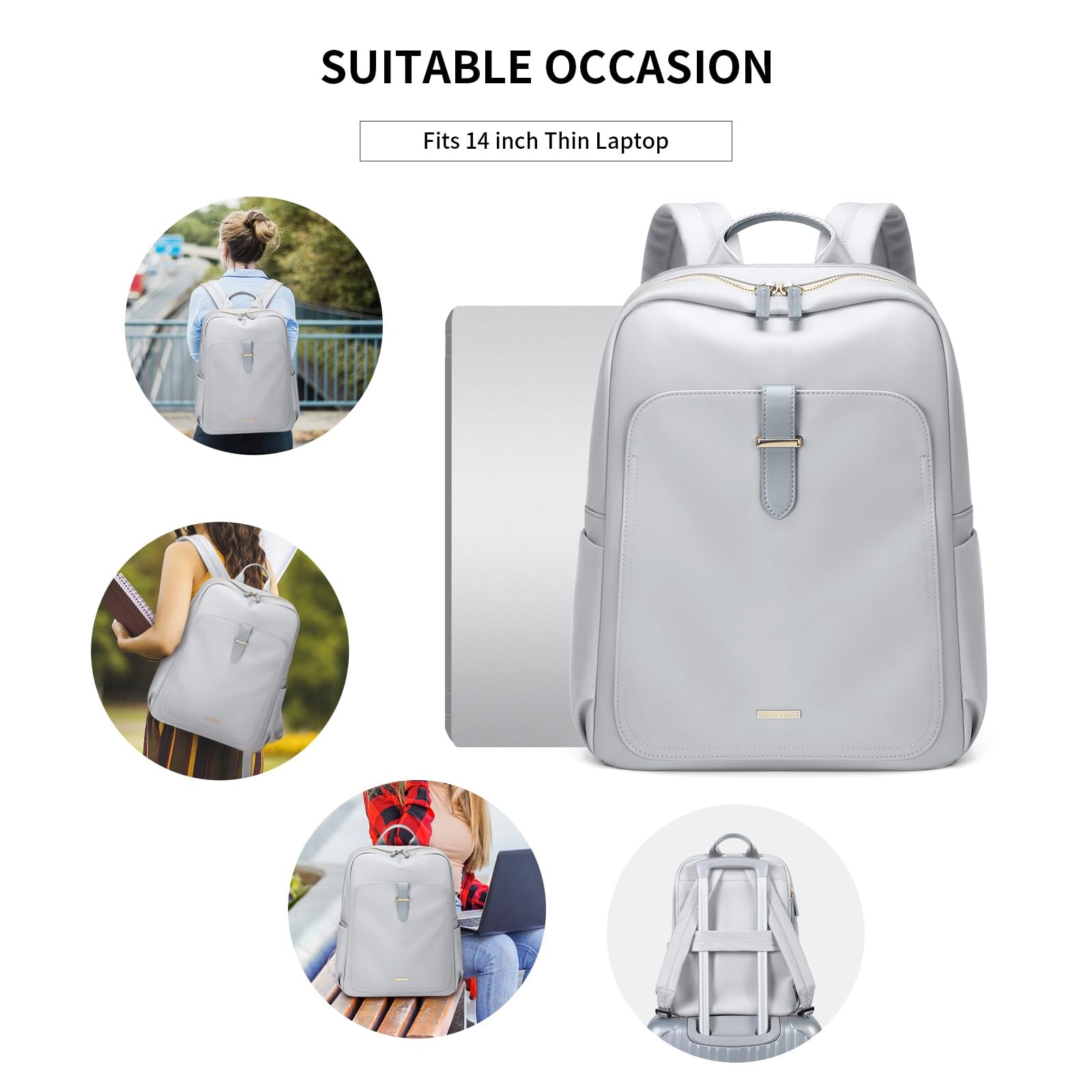 Laptop Backpack Purse for Women Fits 14 Inch Notebook Pale Grey Daypack