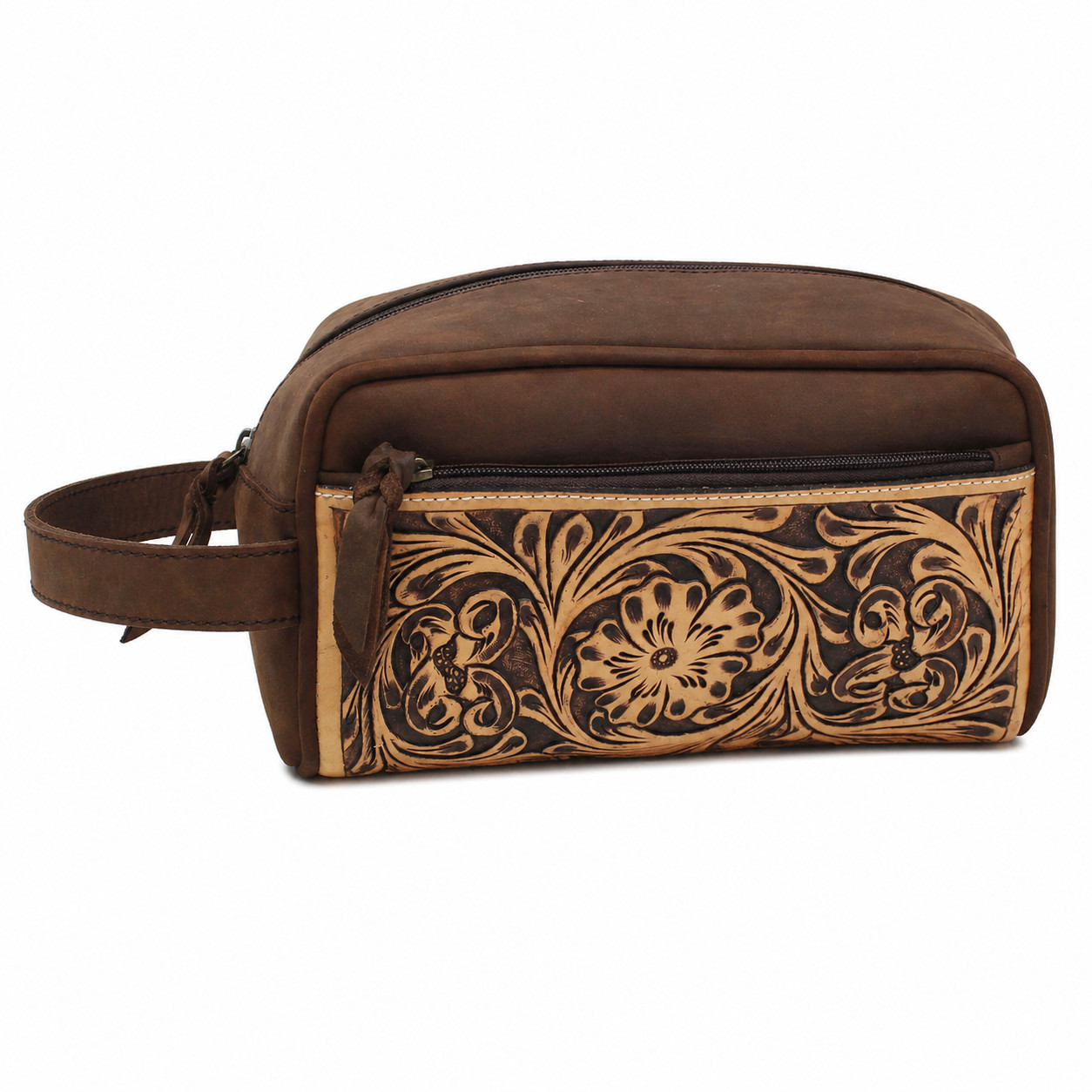 Men’s Distressed Floral Tooled Leather Travel Toiletry Dopp Kit Bag 18RTT01BR