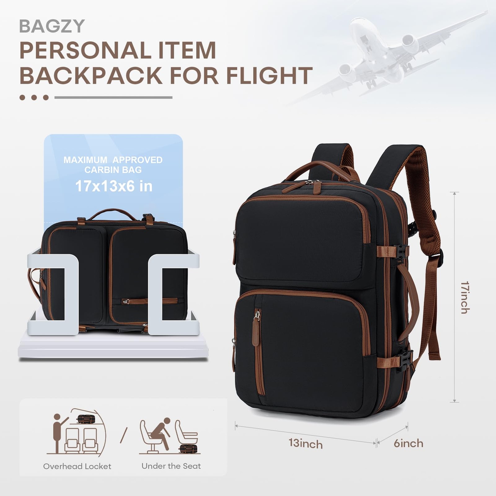 43x33x15cm Personal Item Bag Expandable 30L Travel Backpack 17x13x6 Inches Un…