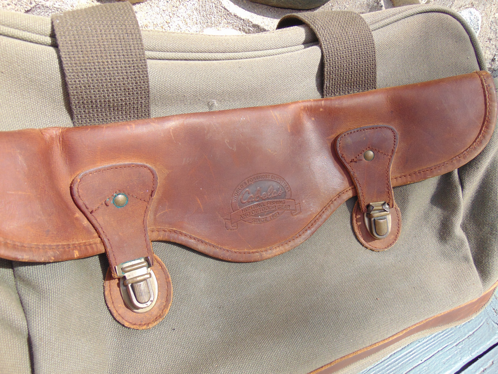 Vintage CABELA’S Olive Green Canvas & Leather Satchel Travel Bag Carry-on Pack