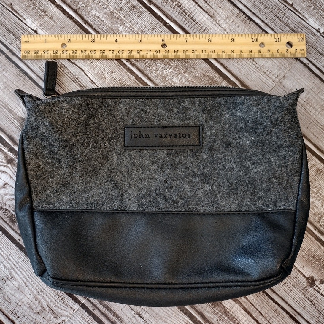 John Varvatos Black & Gray Faux Wool & Leather Toiletry Bag Travel Vacation