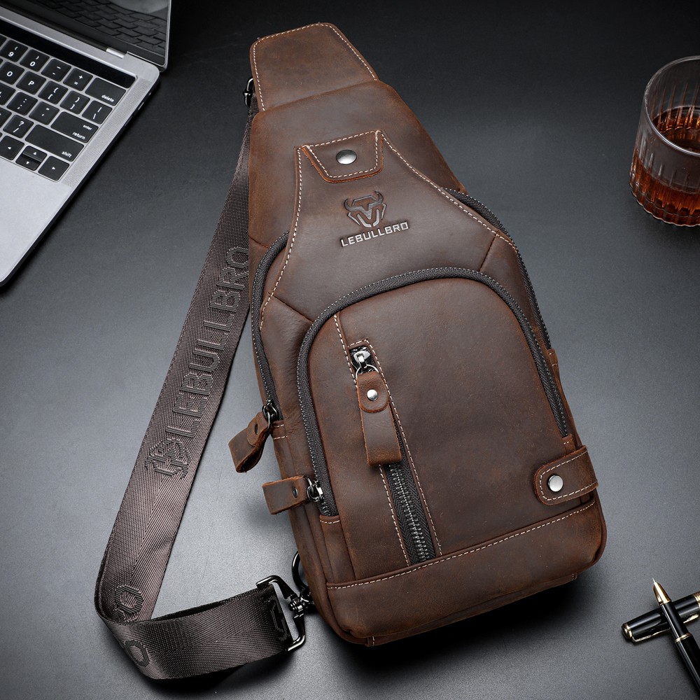 Men’s Genuine Leather Crossbody Sling Bag Multi-Pocket Chest Bag for Daily Use