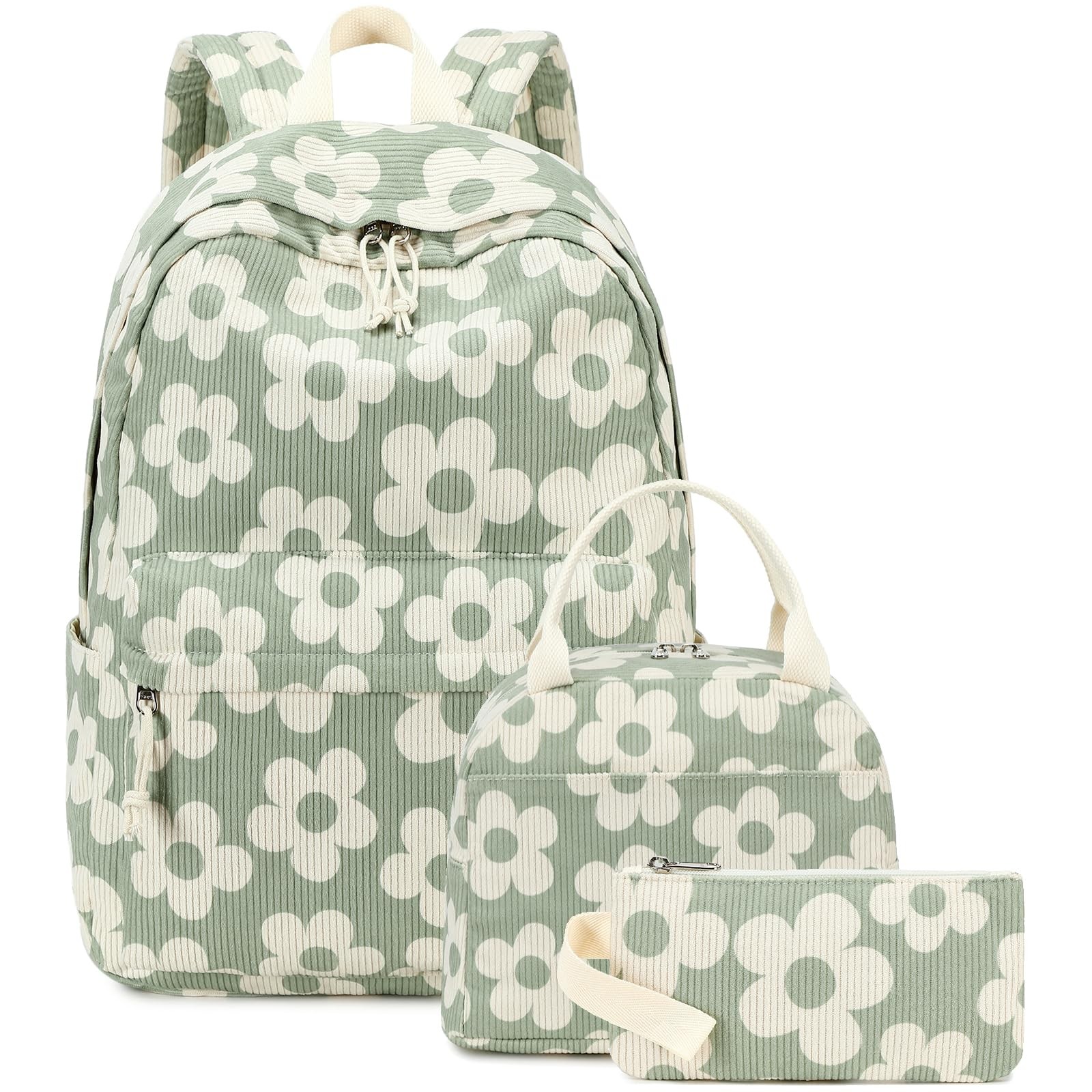 Bluboon School Backpack Set Girls Womens Beige Floral / Green-gray Base